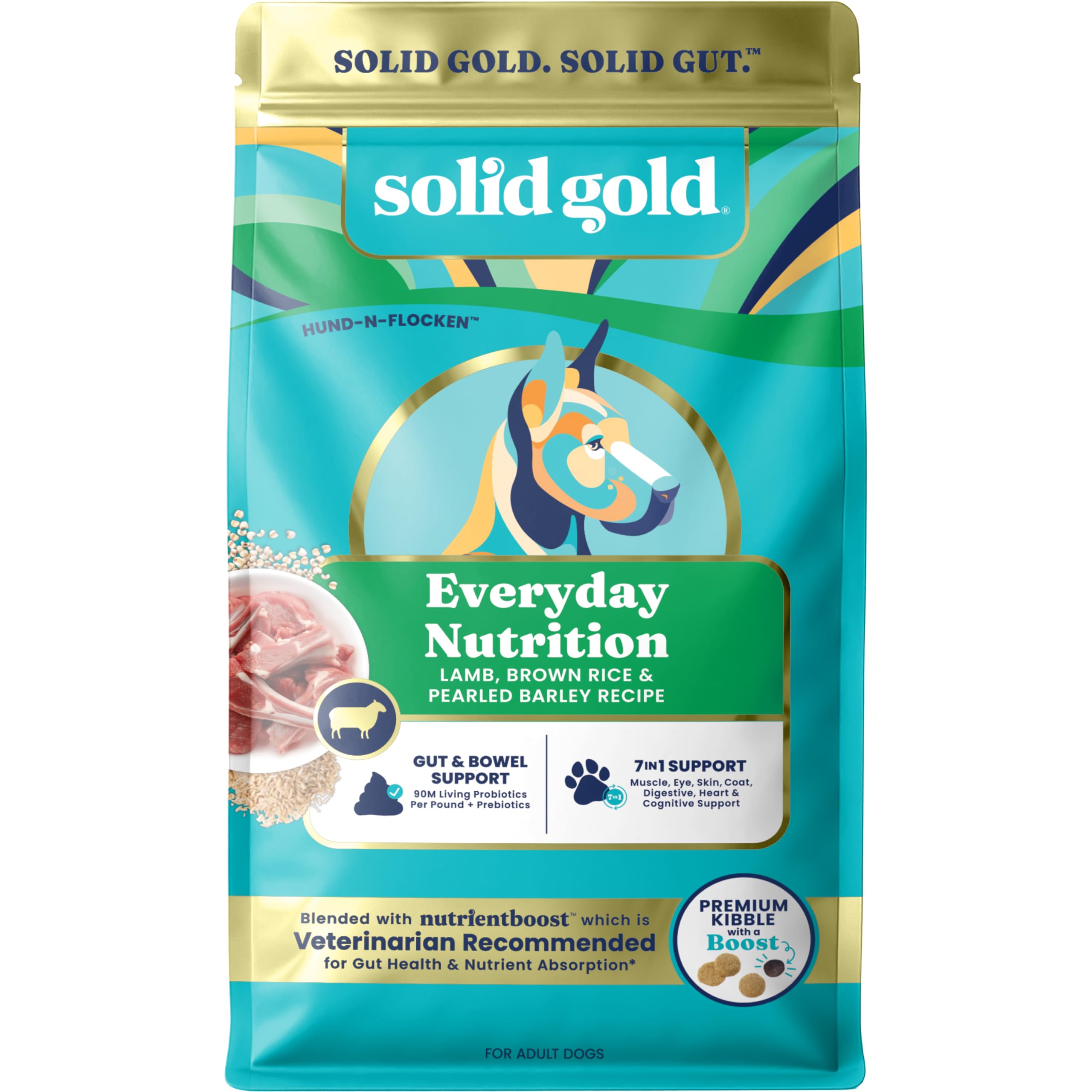 Solid Gold cordero empaque frontal, croquetas de alta calidad para perros activos.