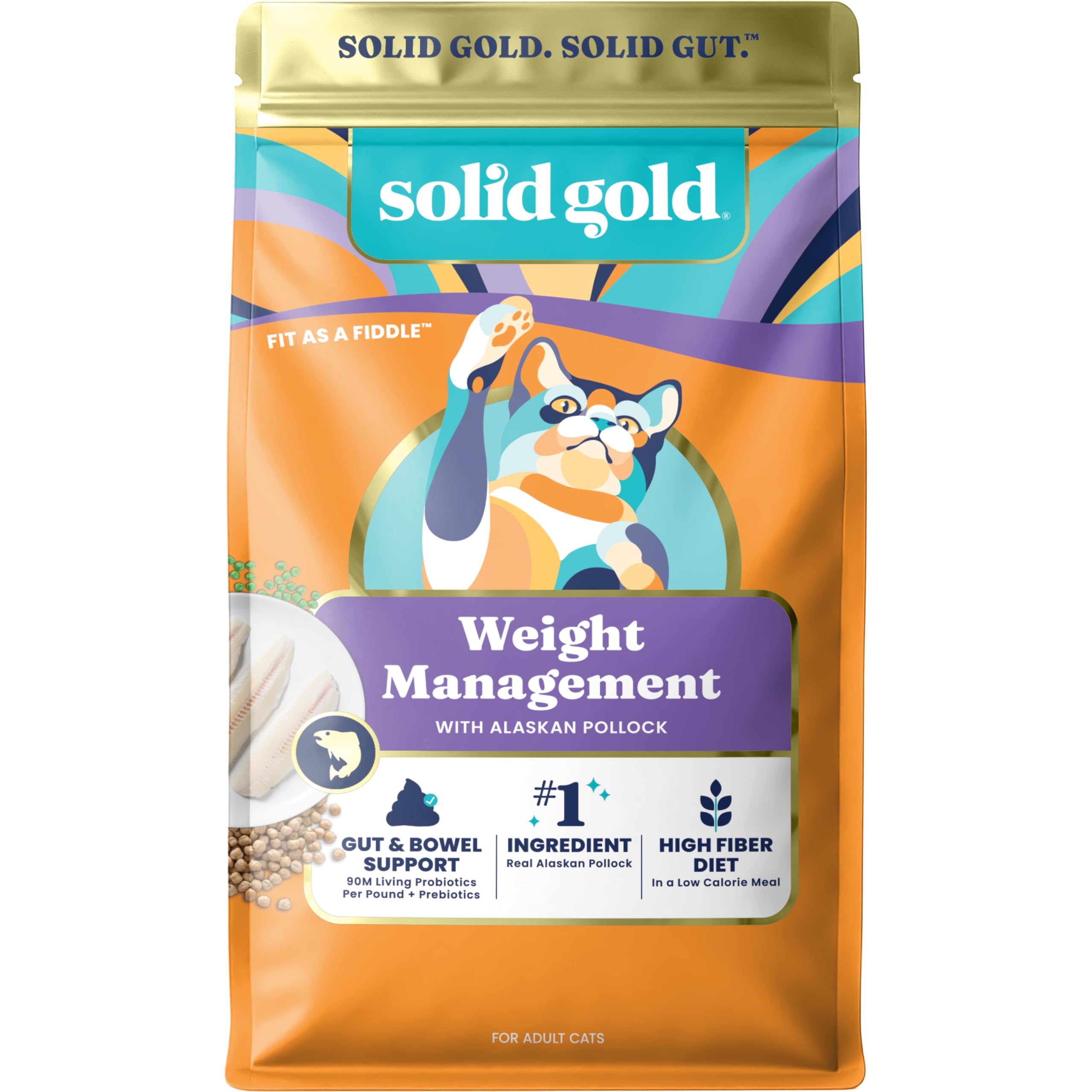 Solid Gold peso control para gatos adultos con bacalao de Alaska como ingrediente principal para apoyo de peso.