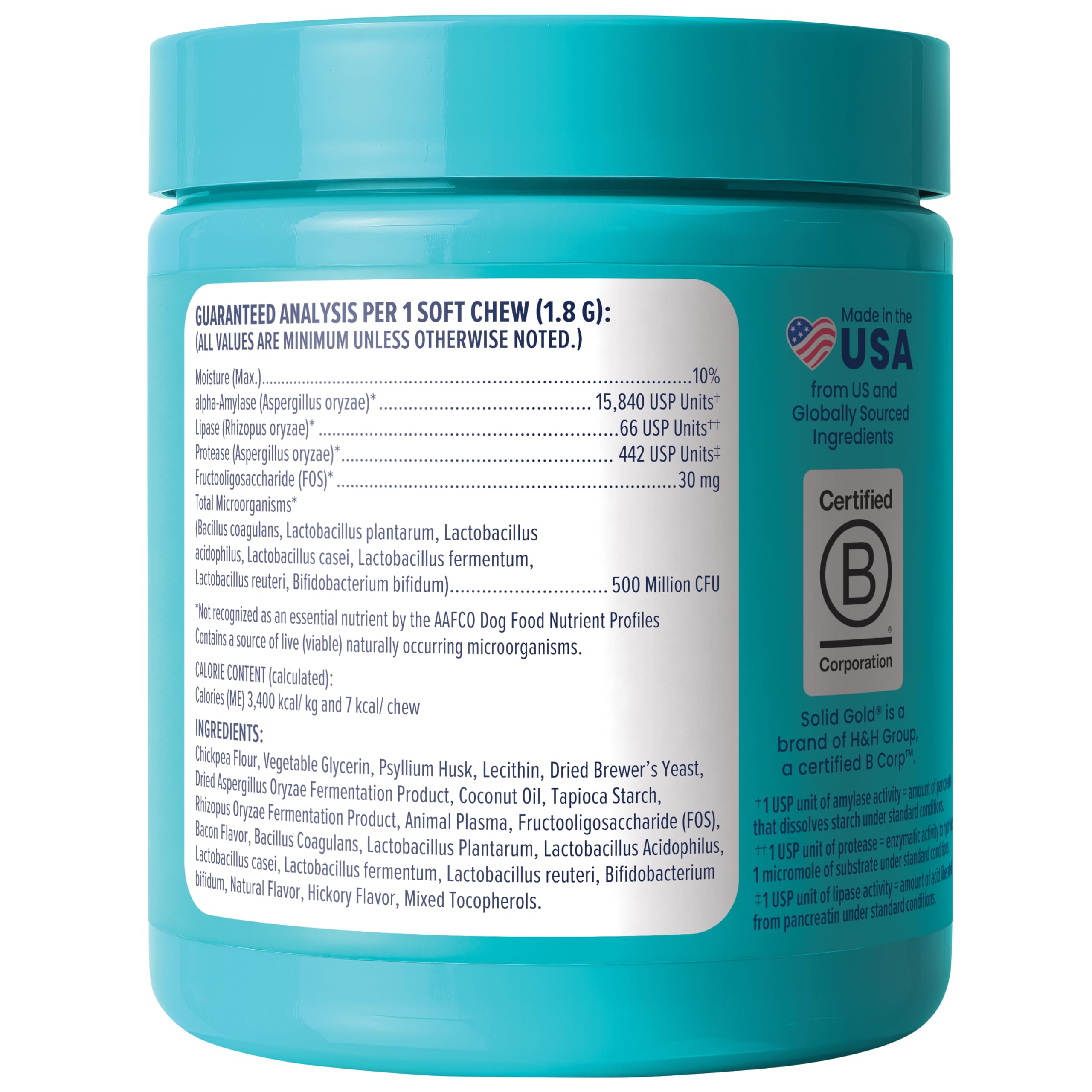 Solid Gold Probiotics para perros, presentación de 120 masticables para uso diario.