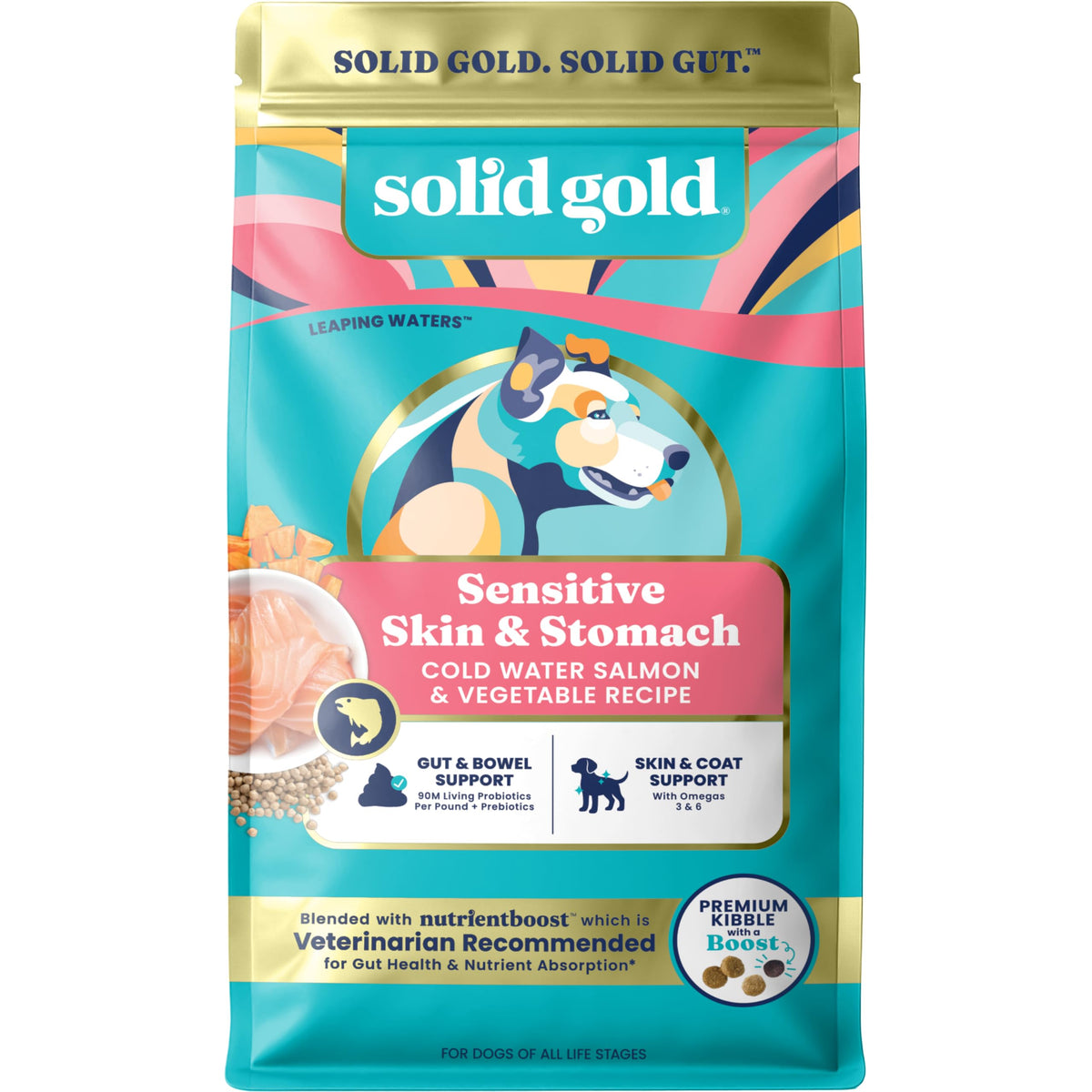 Solid Gold alimento para perros con salmón, ingredientes clave para digestión suave.
