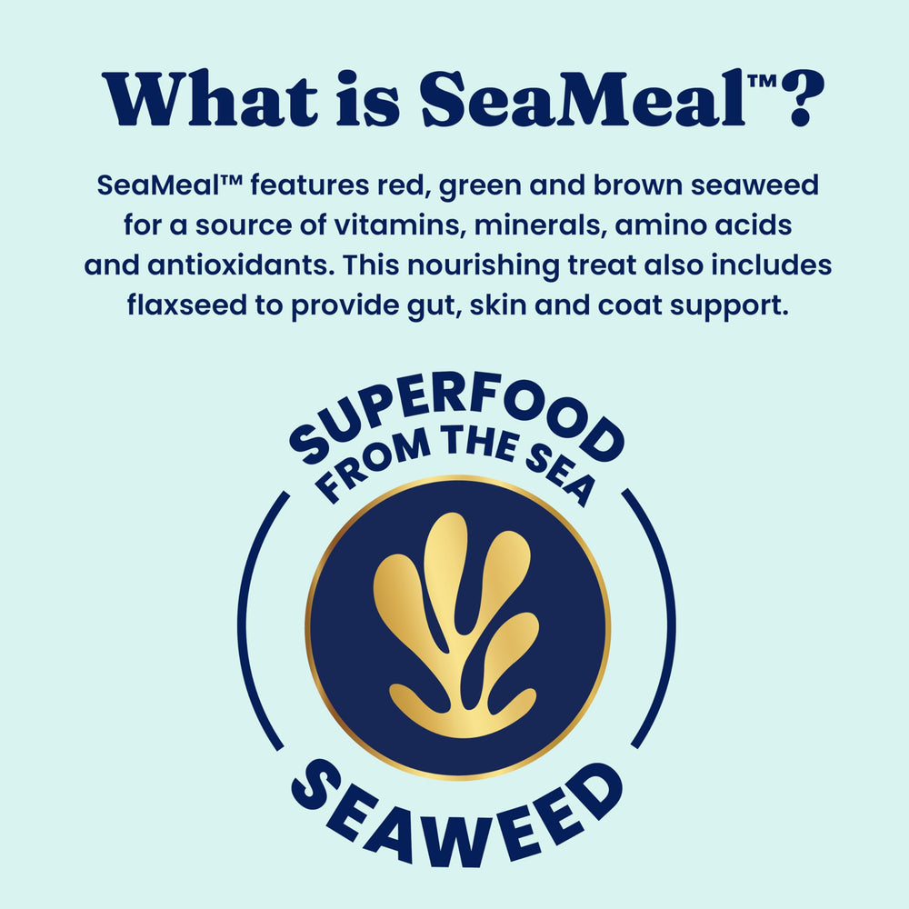 SeaMeal Solid Gold, etiqueta con lista de ingredientes y beneficios para mascotas.