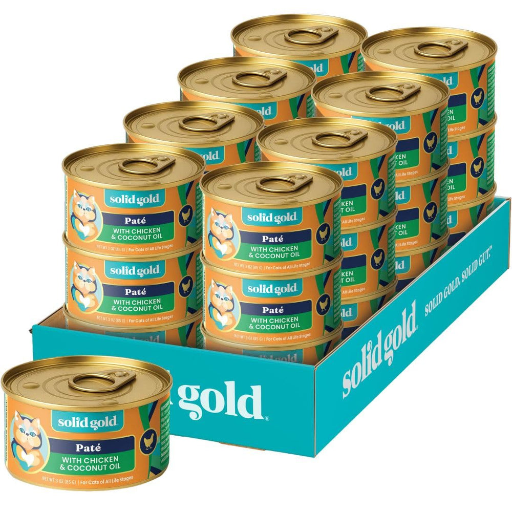 Solid Gold Paté Húmedo para Gatos con etiqueta frontal, información clara para comparar ingredientes