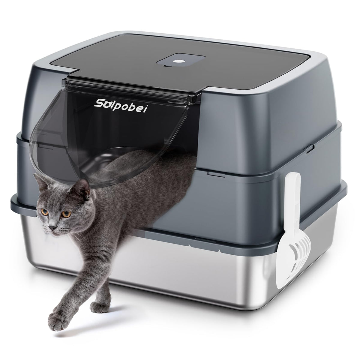 Solpobei caja de arena de acero inoxidable con tapa, privacidad y control de olores.