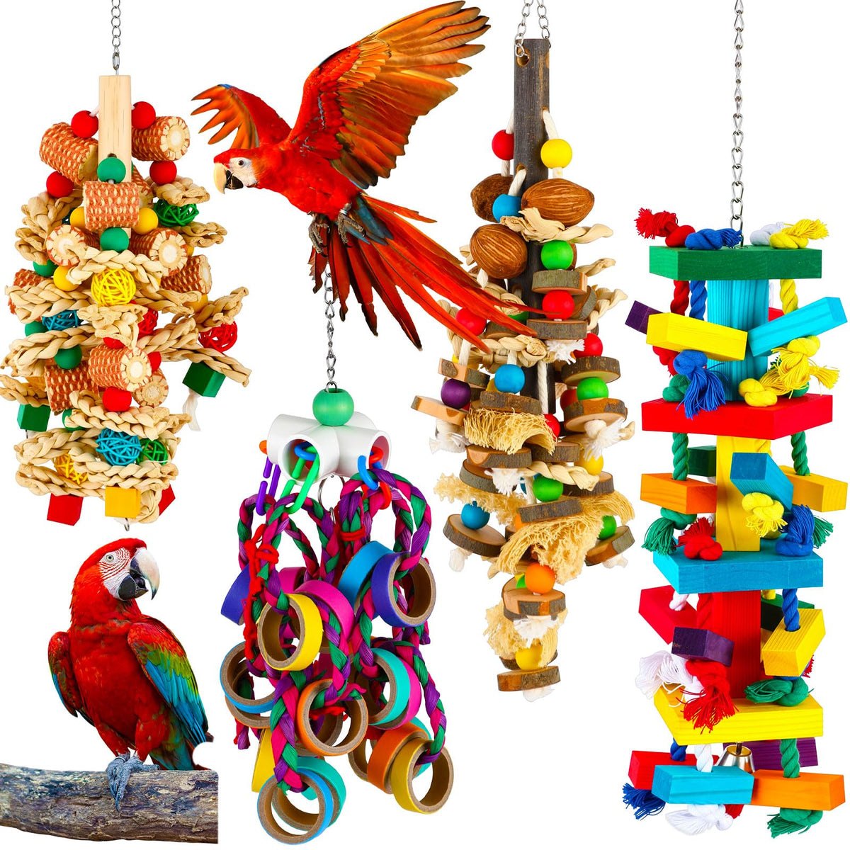 Conjunto Soulchen de juguetes para loros grandes, cuatro piezas para masticar y ejercitarse.