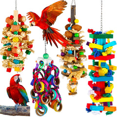 Conjunto Soulchen de juguetes para loros grandes, cuatro piezas para masticar y ejercitarse.