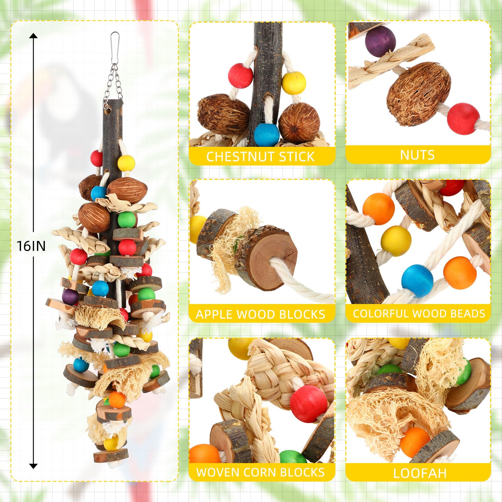 Juguete de masticar de madera y cuerda de algodón para loros grandes de Soulchen.
