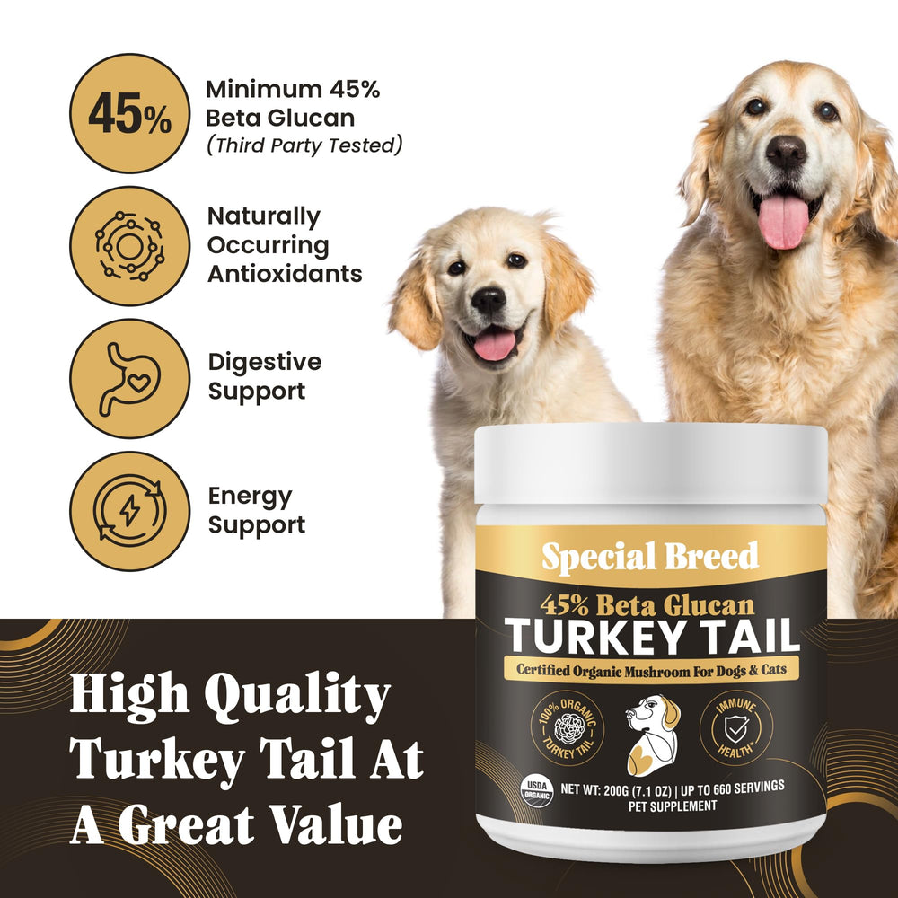 Special Breed cola-pavo organico envase-lateral, fácil de almacenar y usar diariamente.