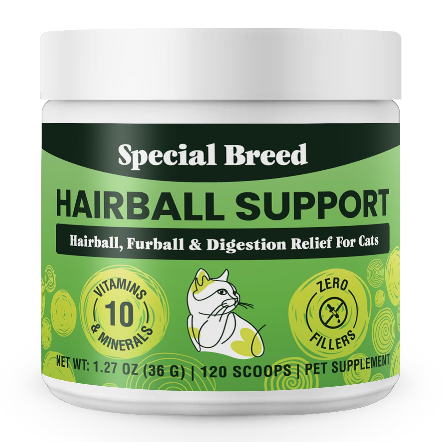 Special Breed frasco de suplemento para bolas de pelo, pensado para reducir bolas de pelo