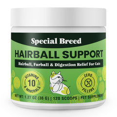 Special Breed frasco de suplemento para bolas de pelo, pensado para reducir bolas de pelo
