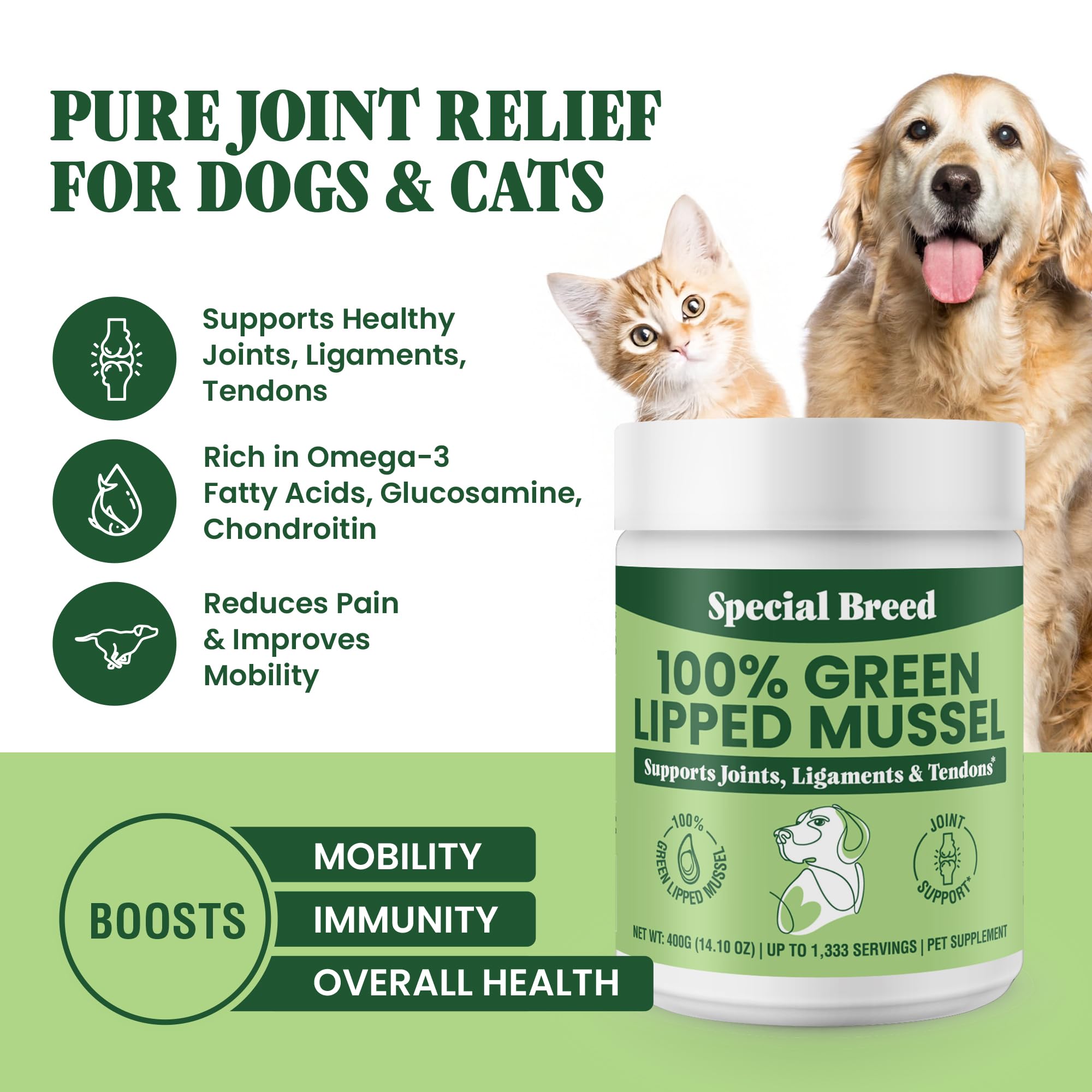 Special Breed mejillón labio verde para perros, ideal para movilidad y energía diaria.