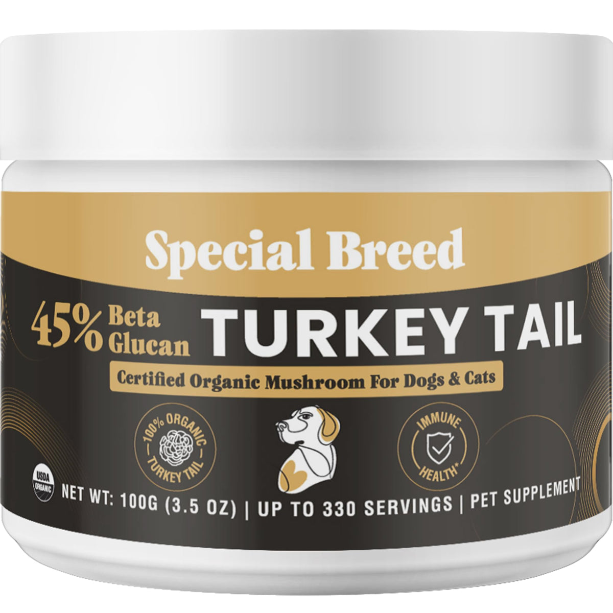 Special Breed Organic Cola de Pavo Polvo Frasco: apoyo inmunológico natural para mascotas.