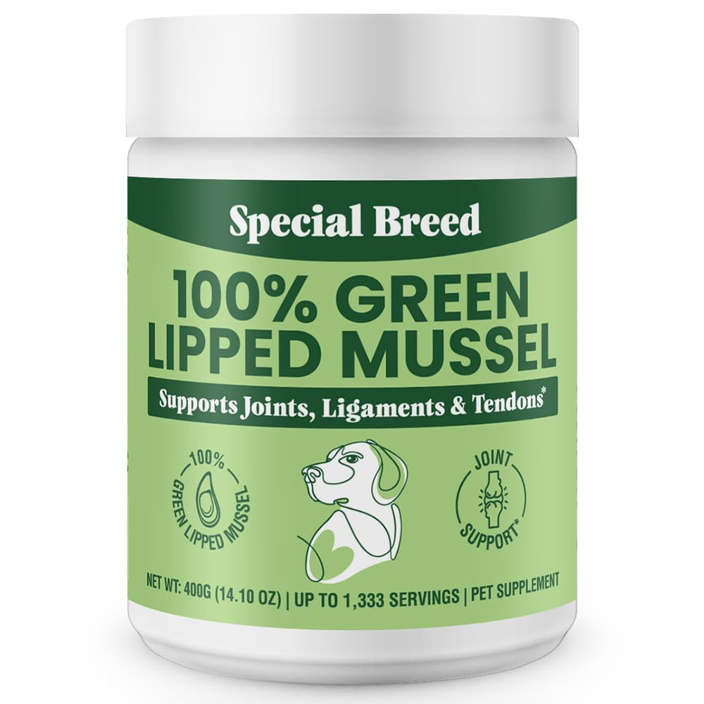 Special Breed polvo mejillón labio verde en envase de 400 g, apoyo natural para articulaciones.
