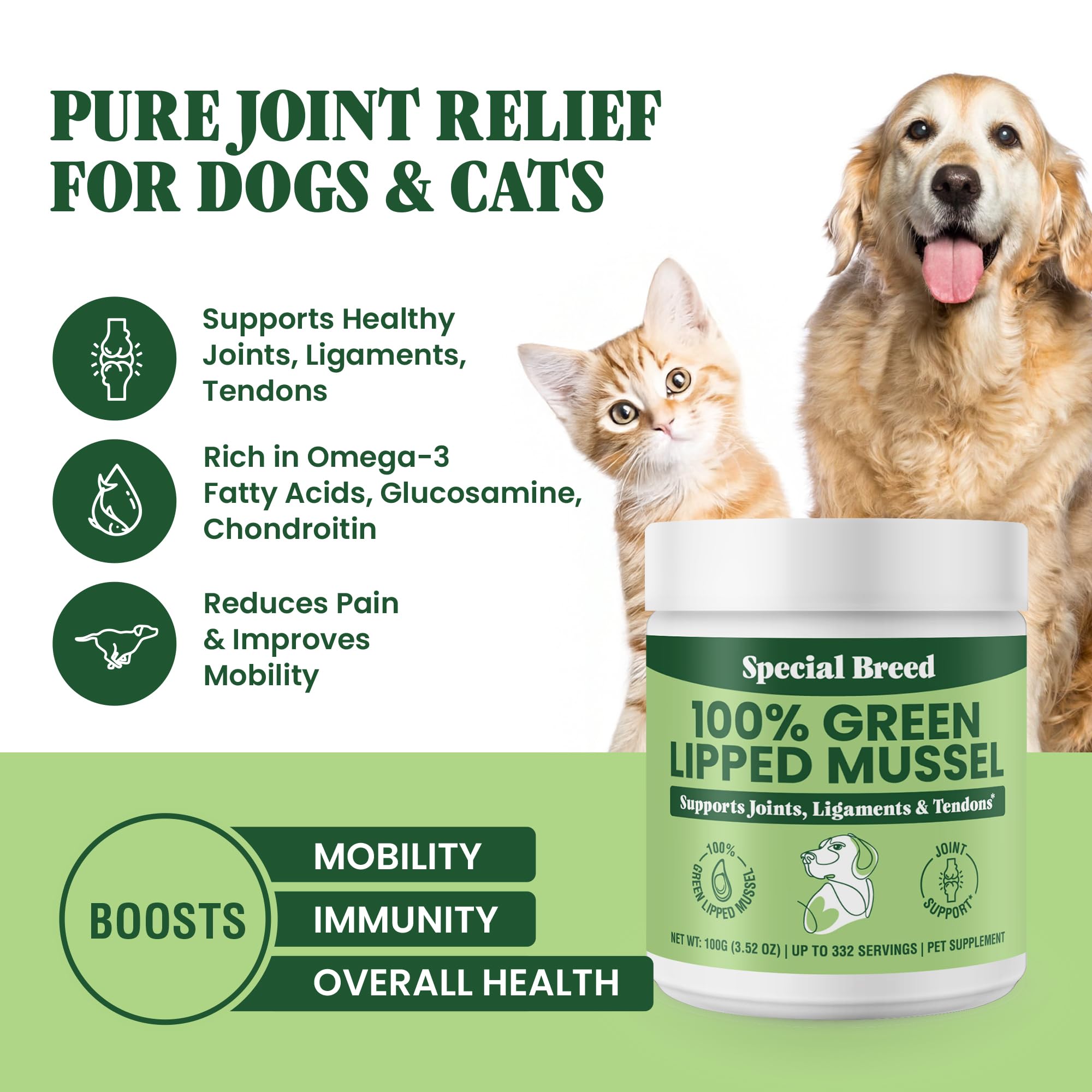 Special Breed polvo mejillón verde para mezclar, favorece movilidad y vitalidad en perros y gatos.
