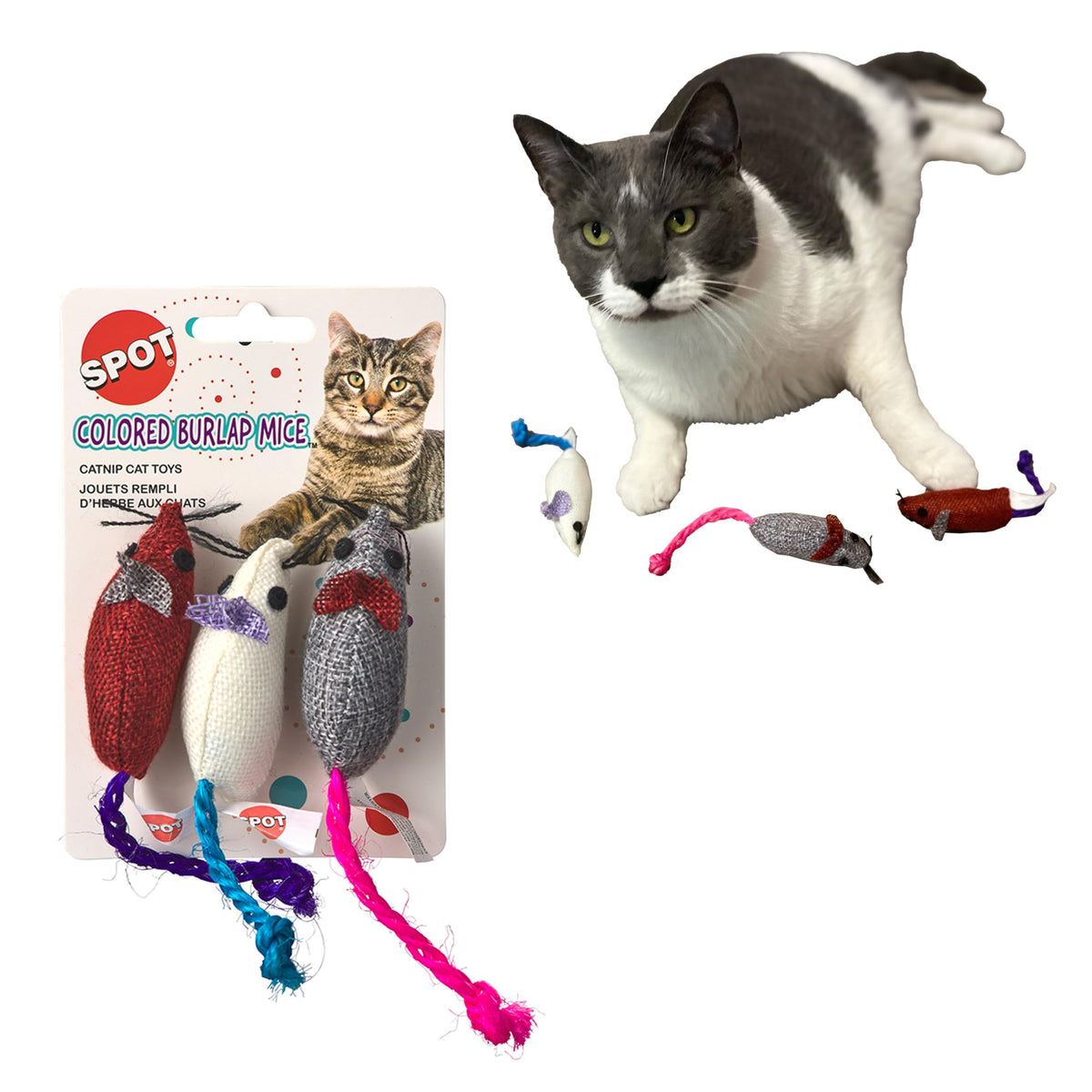 SPOT ratón interactivo de arpillera para gatos, ideal para juego en interiores.