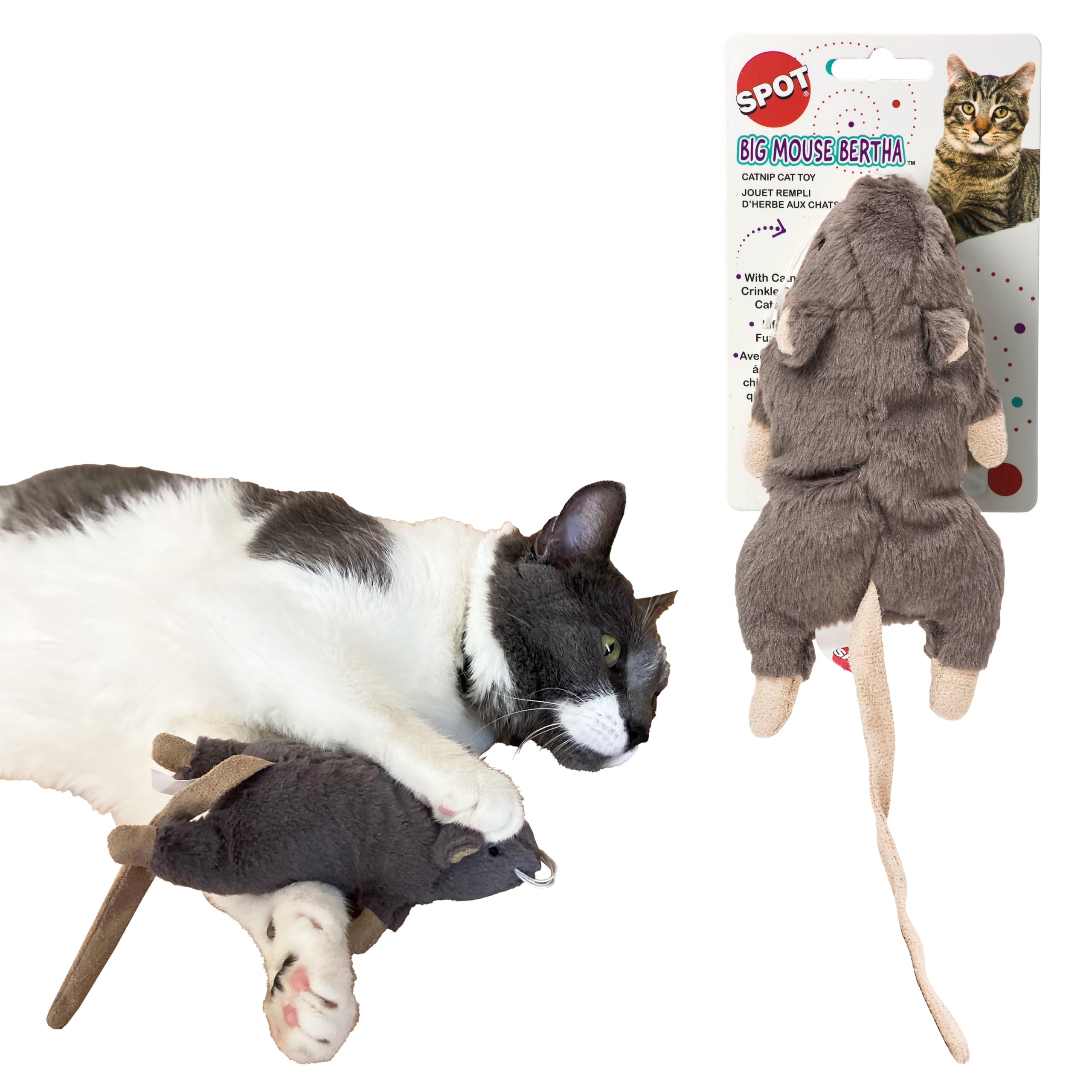 SPOT Big Mouse Bertha, juguete de peluche para gato, ideal para acechar y abrazar