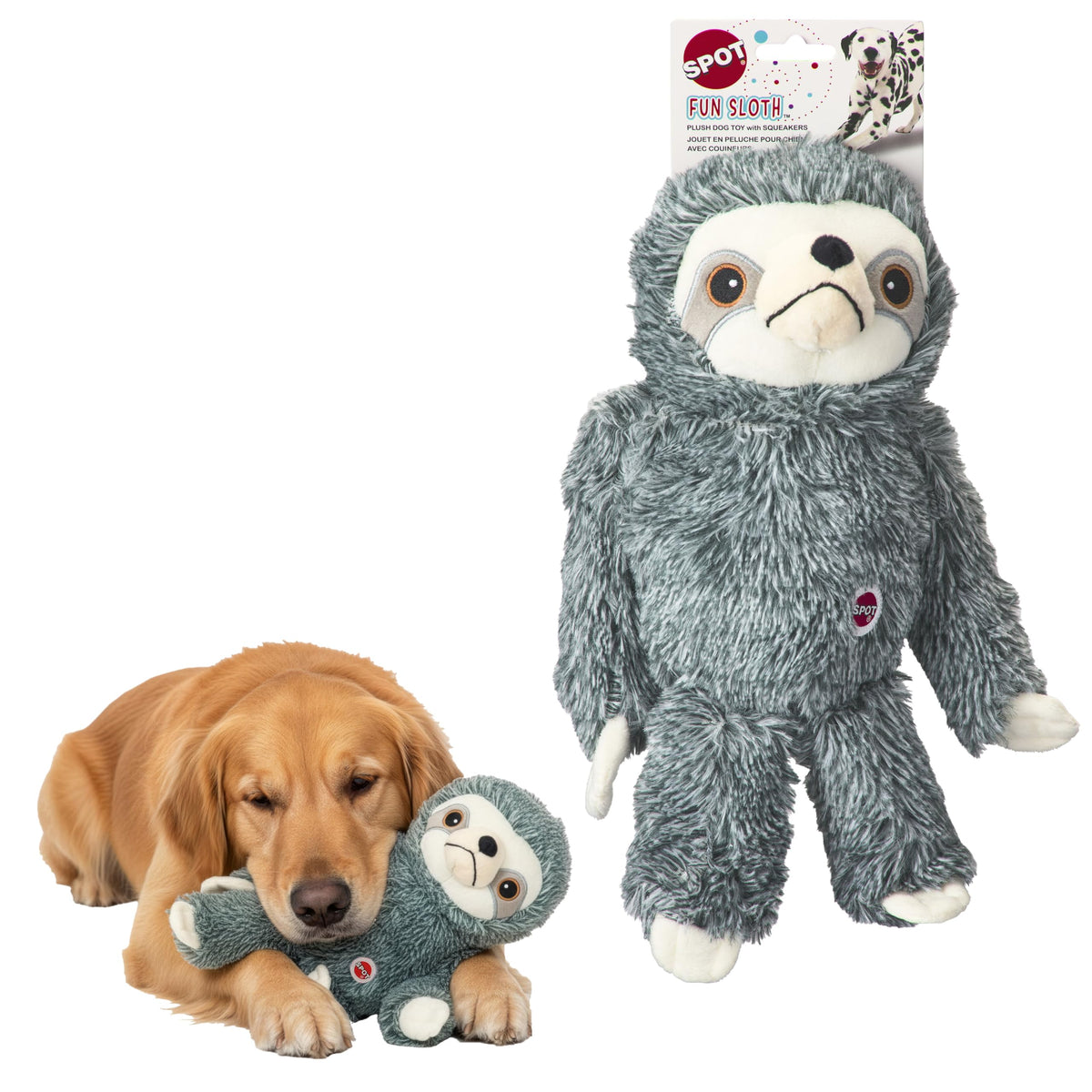 SPOT Fun Sloth es un peluche suave para abrazar a tu perro.