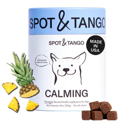 Spot & Tango empaque frontal de bocaditos calmantes para perros.