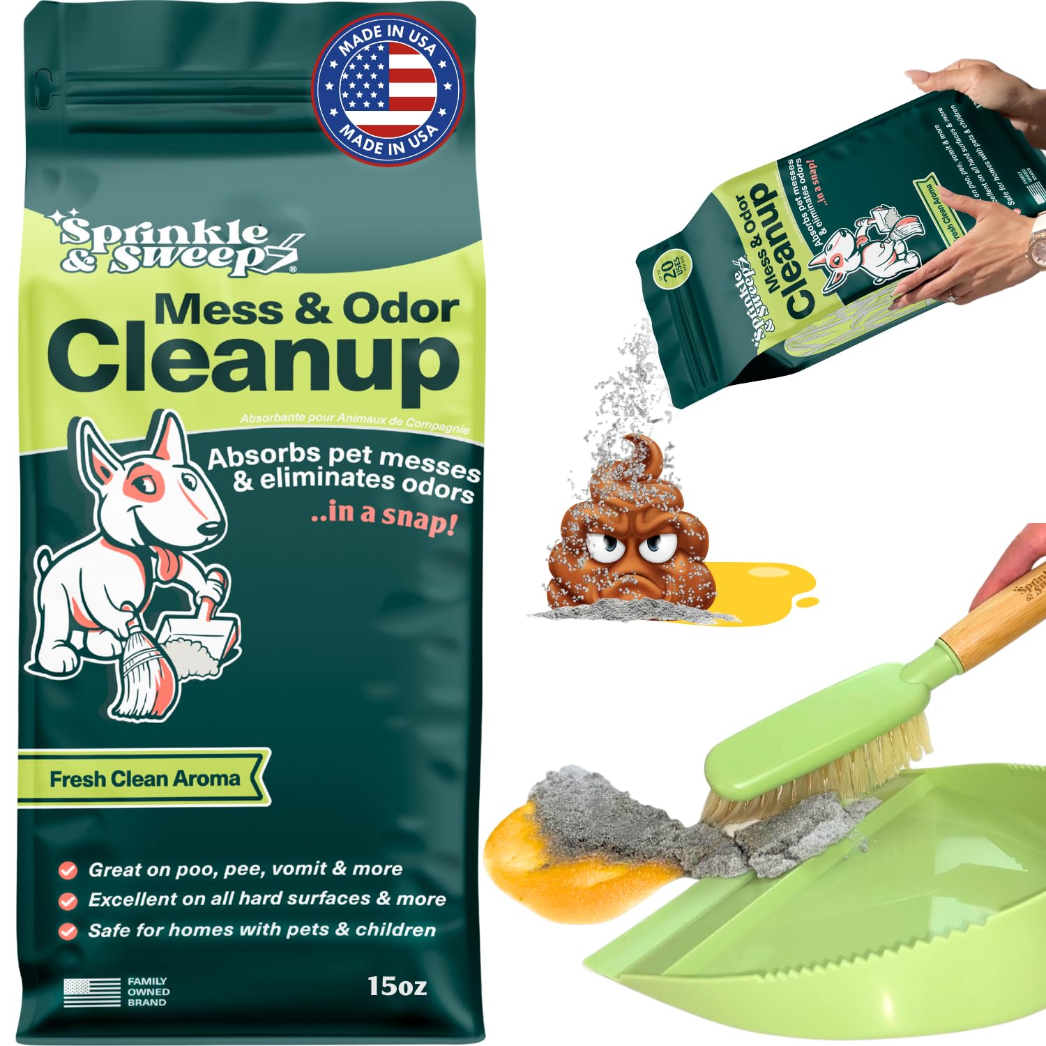 Sprinkle & Sweep botella de limpiador de pis para perros, limpia rápido y sin residuo.