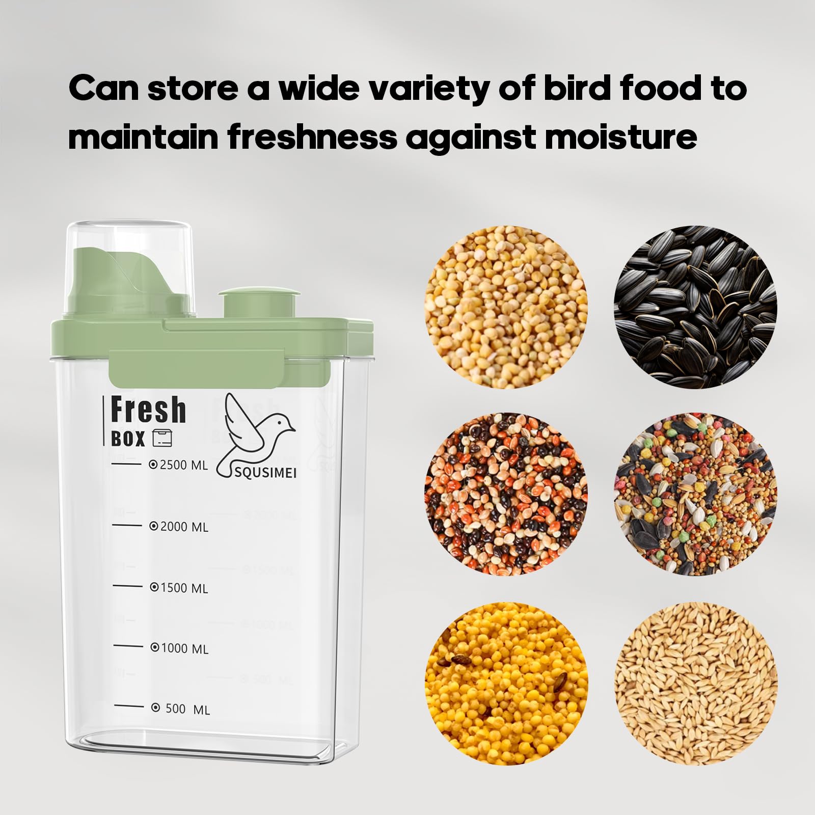 SQUSIMEI dispensador medidor, porciones con precisión para aves.