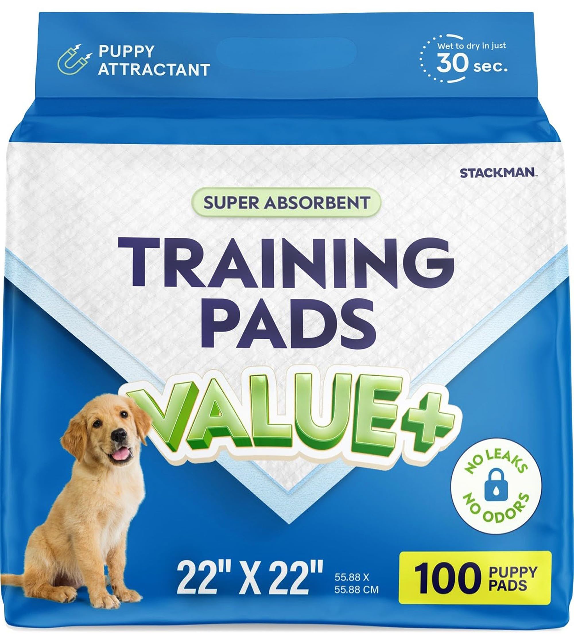 Stack Man Puppy Pads absorcion-rapida para entrenamiento, evita humedad y olores.