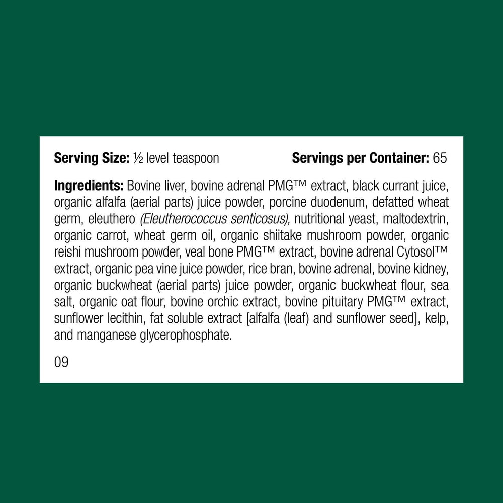 Standard Process Canine Adrenal Support, cuchara medidora para dosis seguras según el peso.