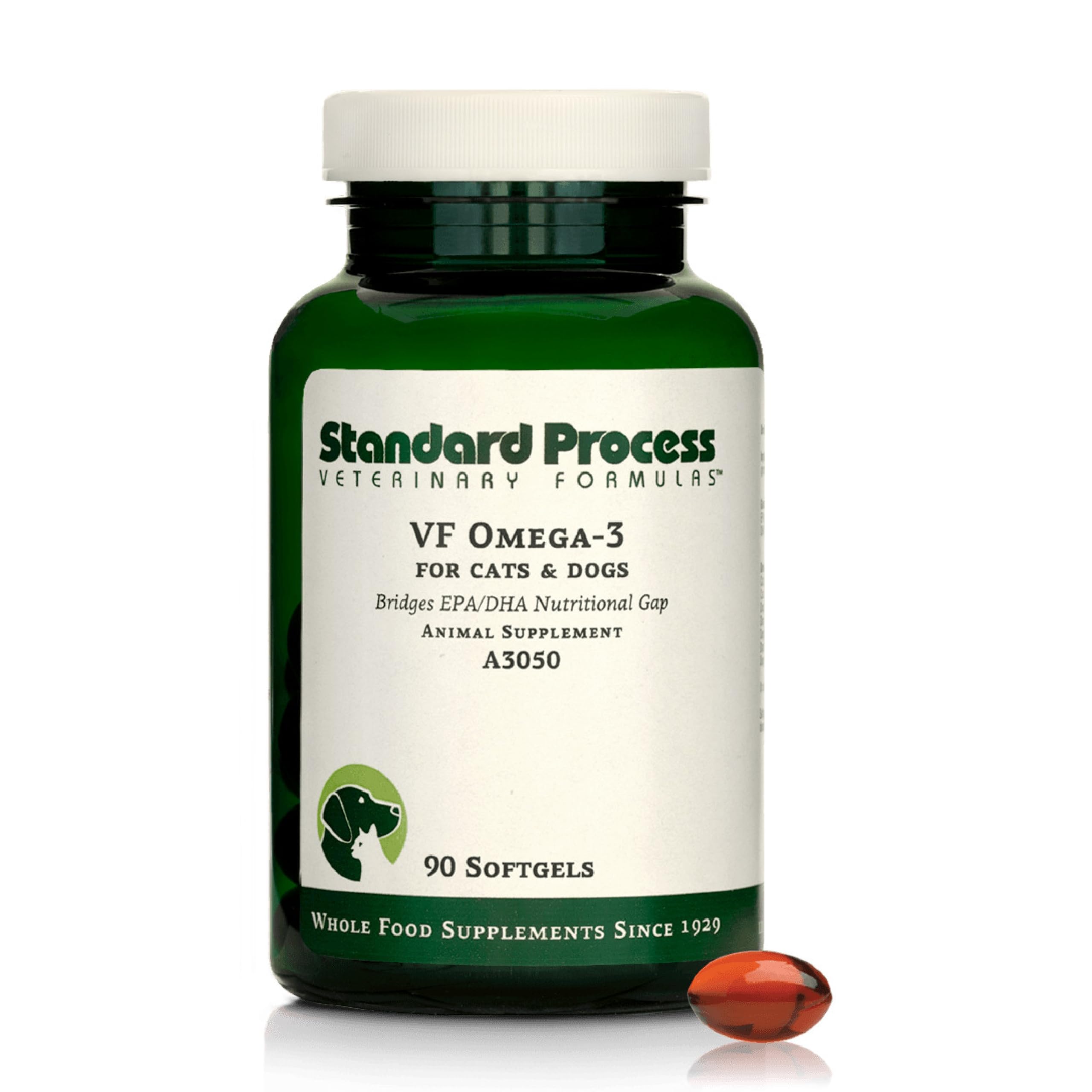 VF Omega-3 para mascotas, botella con cápsulas, apoyo a articulaciones saludables.