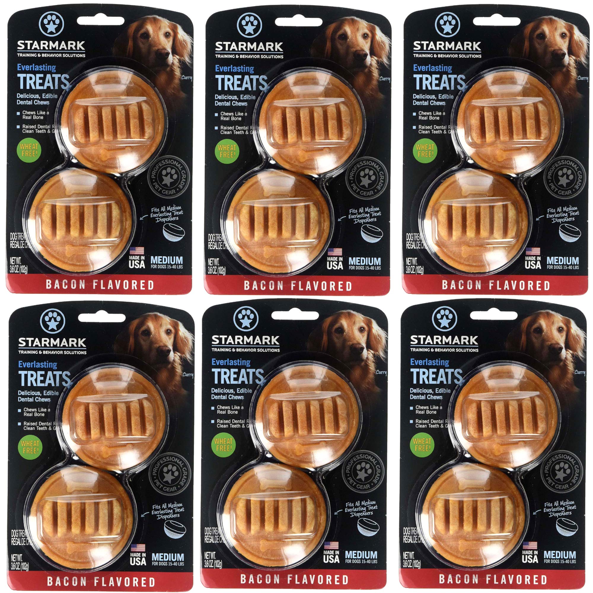 Starmark Everlasting Dental Chew para perro masticando tocino, perfecto para juego interactivo.
