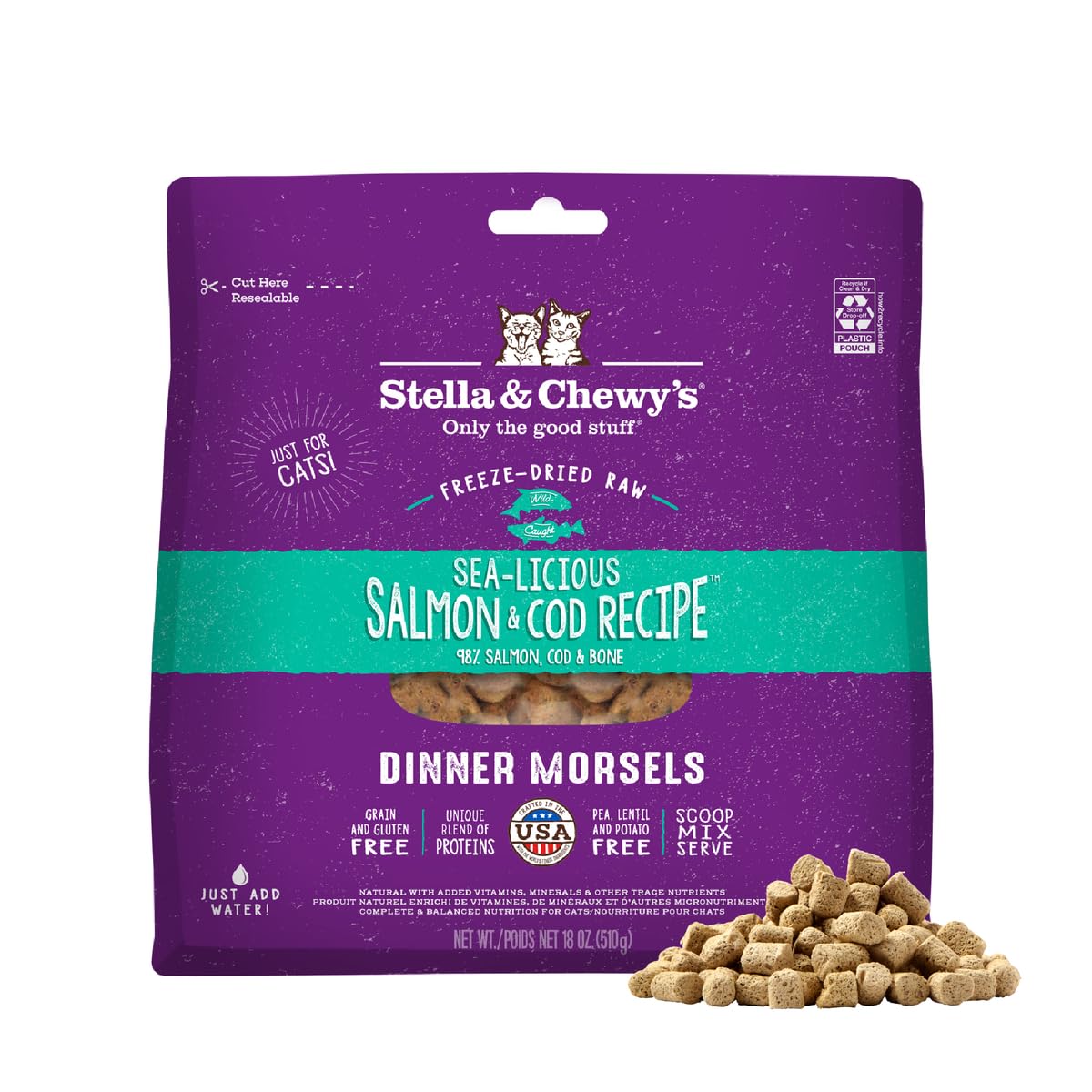 Stella & Chewy's bocado crudo de salmón y bacalao, snack nutritivo para gatos