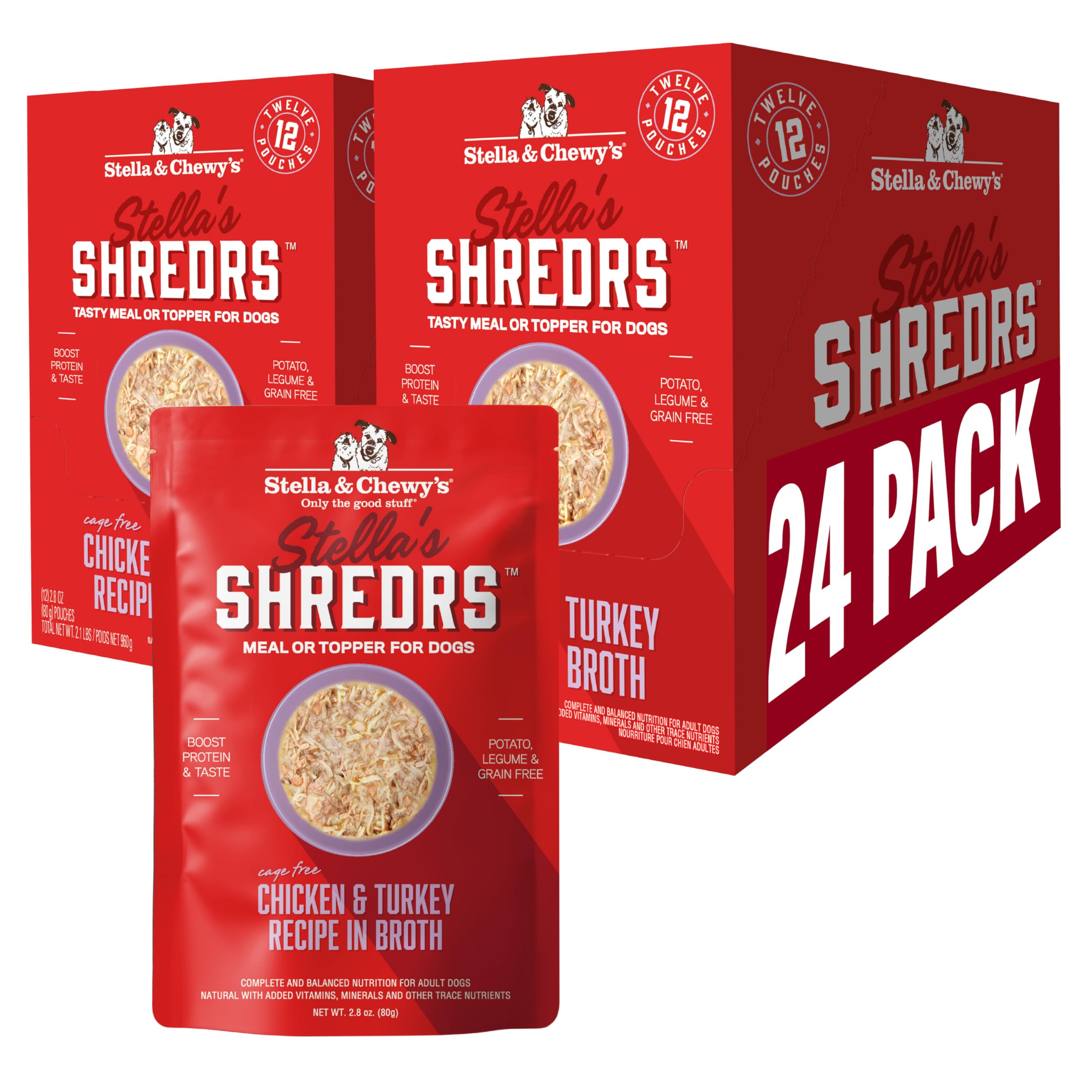 Stella & Chewy's Shredrs en pouch frente, comida completa lista para servir.
