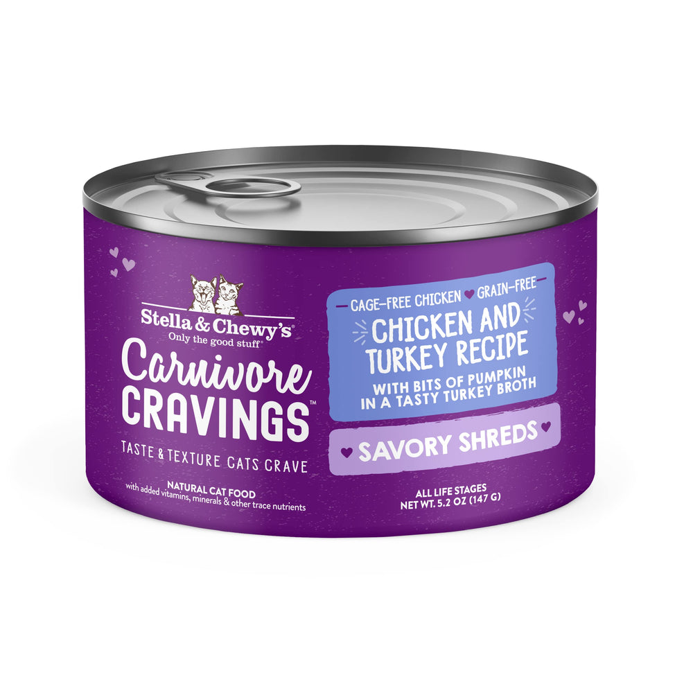 Stella & Chewy's Carnivore Cravings con hilos de pollo y pavo en lata, ideal para gatos exigentes.