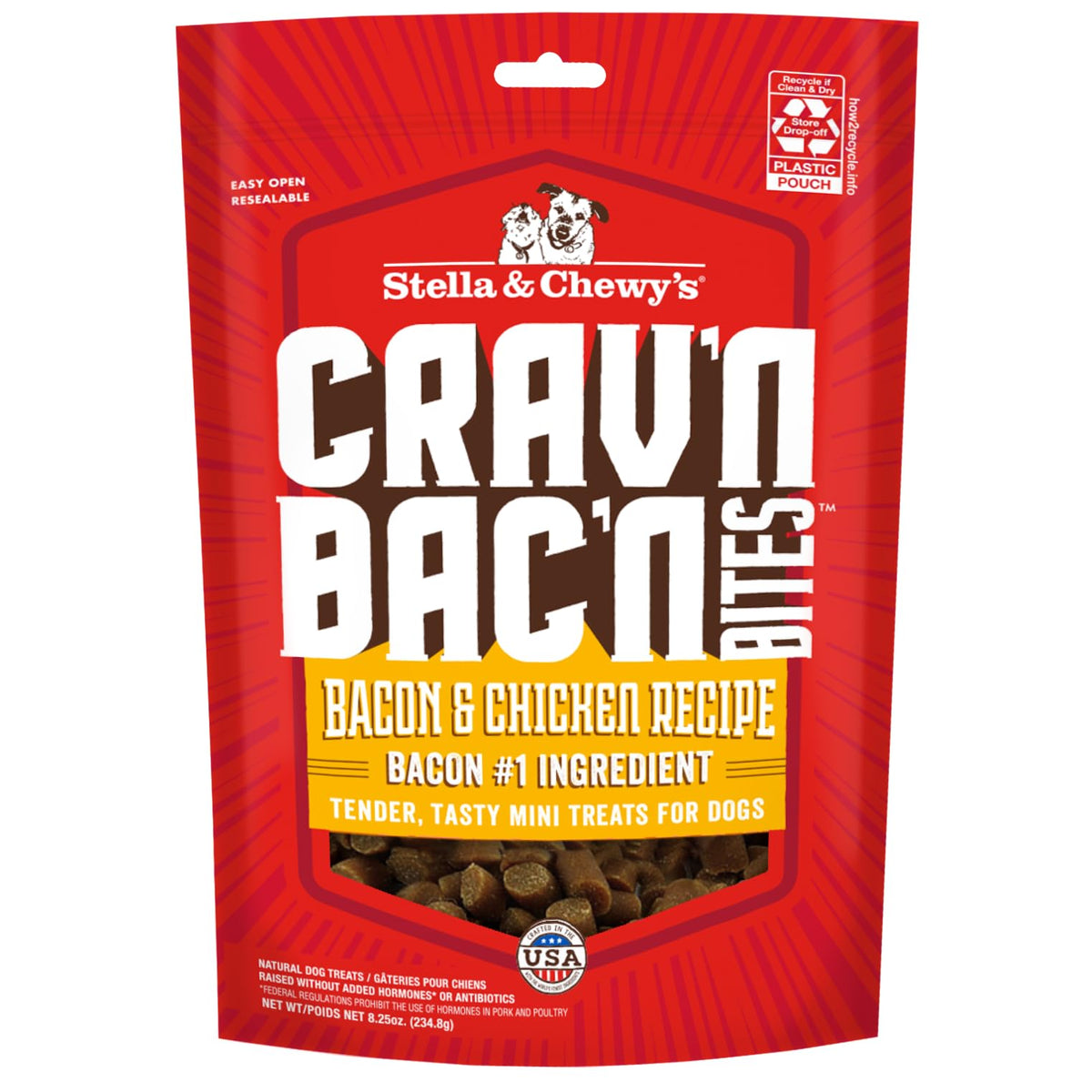 Stella & Chewy's Crav'n Bac'n, empaque visible, recompensa irresistible para sesiones de entrenamiento.