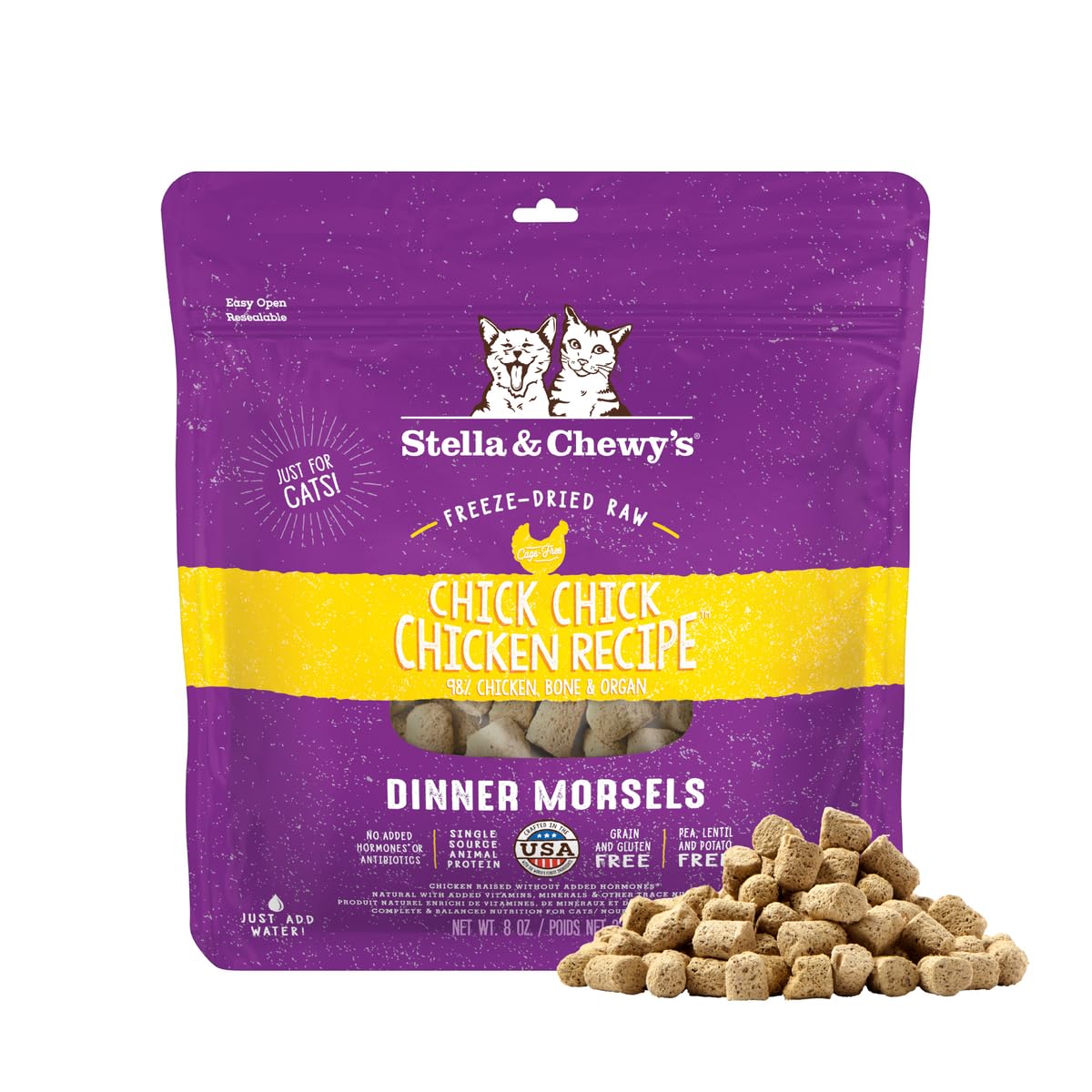 Stella & Chewy's, mordiscos crudos de pollo en envase 8 oz, snack proteico para gatos.