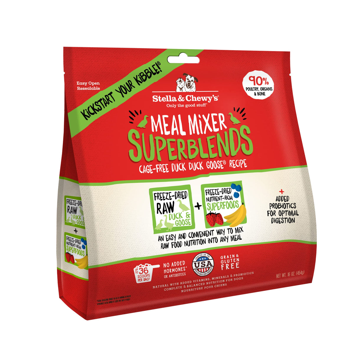 Stella & Chewy's Duck Meal Mixer SuperBlends en bolsa de 16 oz, fácil de almacenar.