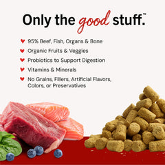 Stella & Chewy's ingredientes naturales y vegetales orgánicos visibles en la mezcla.