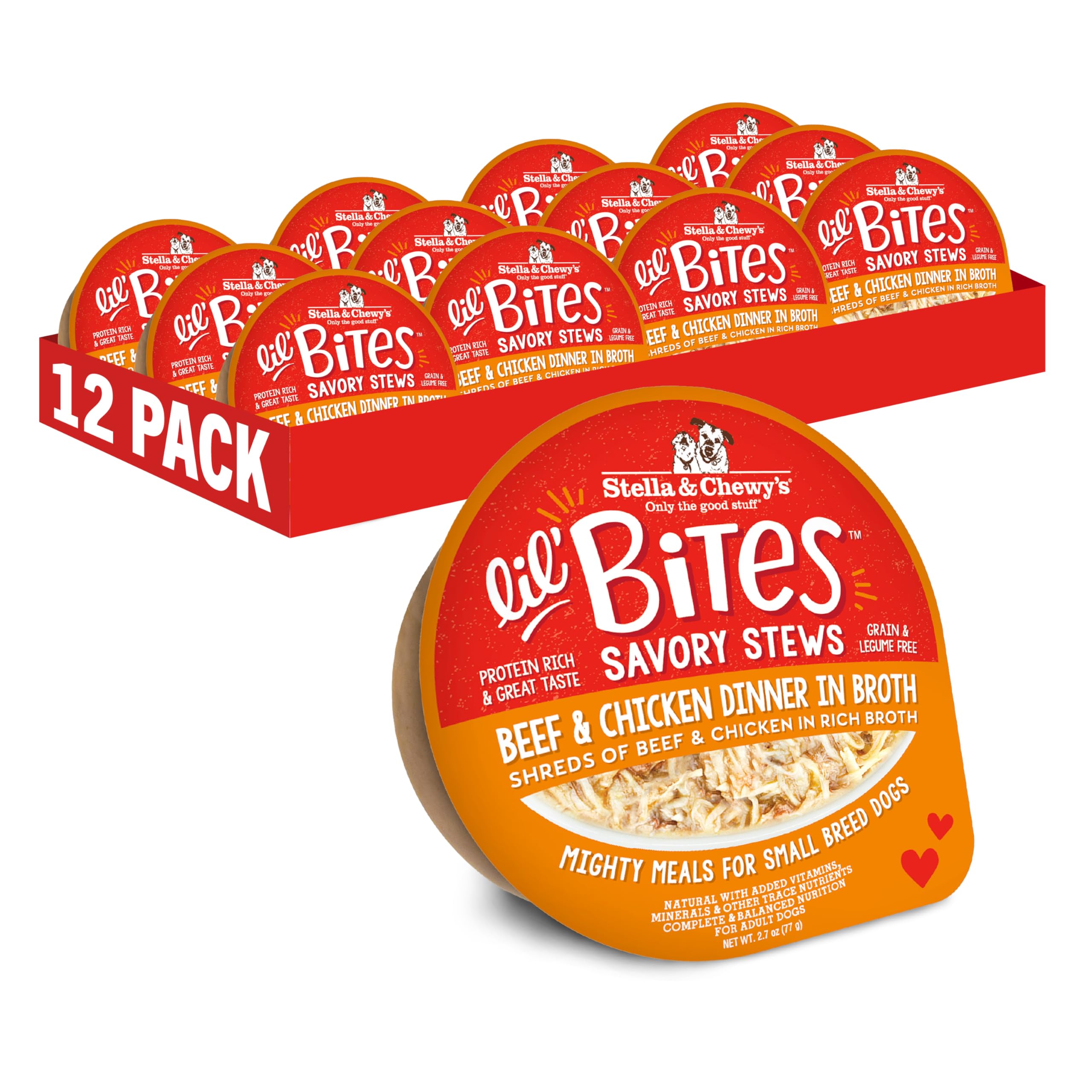 Stella & Chewy's Lil Bites estofados sabrosos para cachorros en caldo, textura jugosa para paladares delicados.