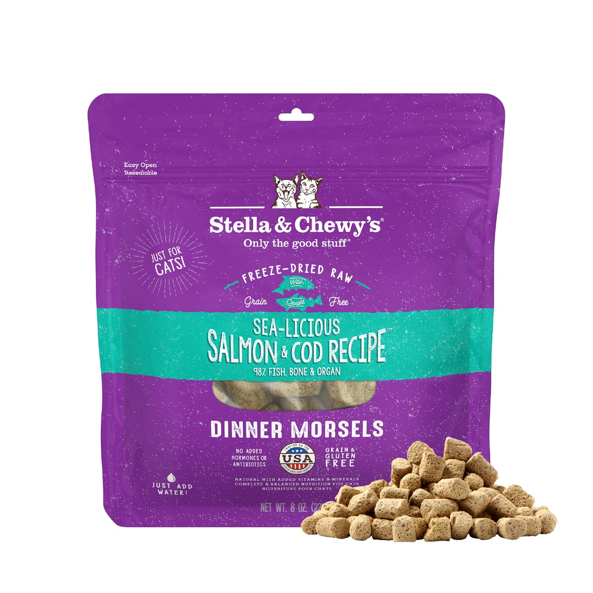 Stella & Chewy's Morsels Salmón-Bacalao en envase 8 oz, proteína de calidad para gatos.