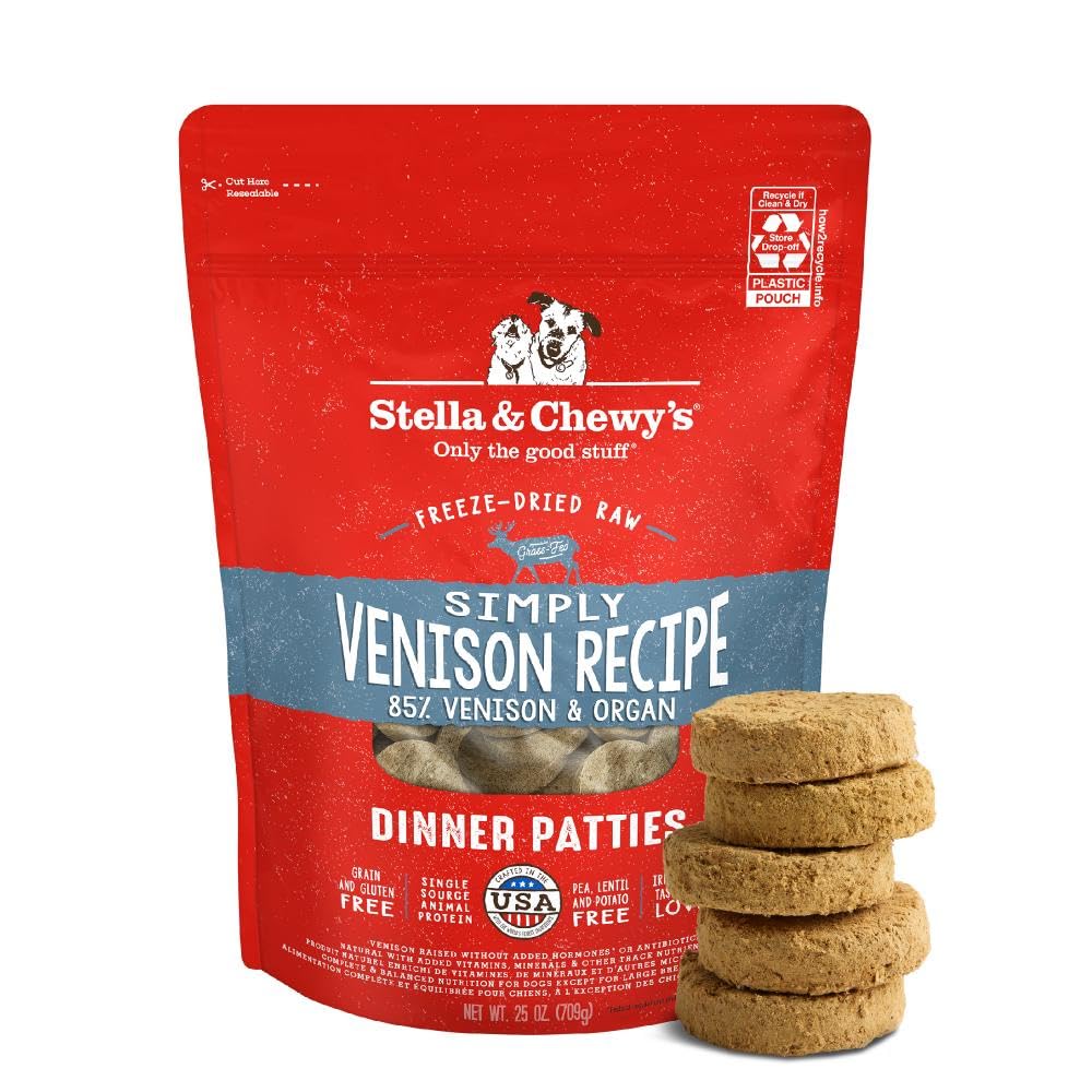 Stella & Chewy's patty venado desecado, sabor intenso para perros exigentes.