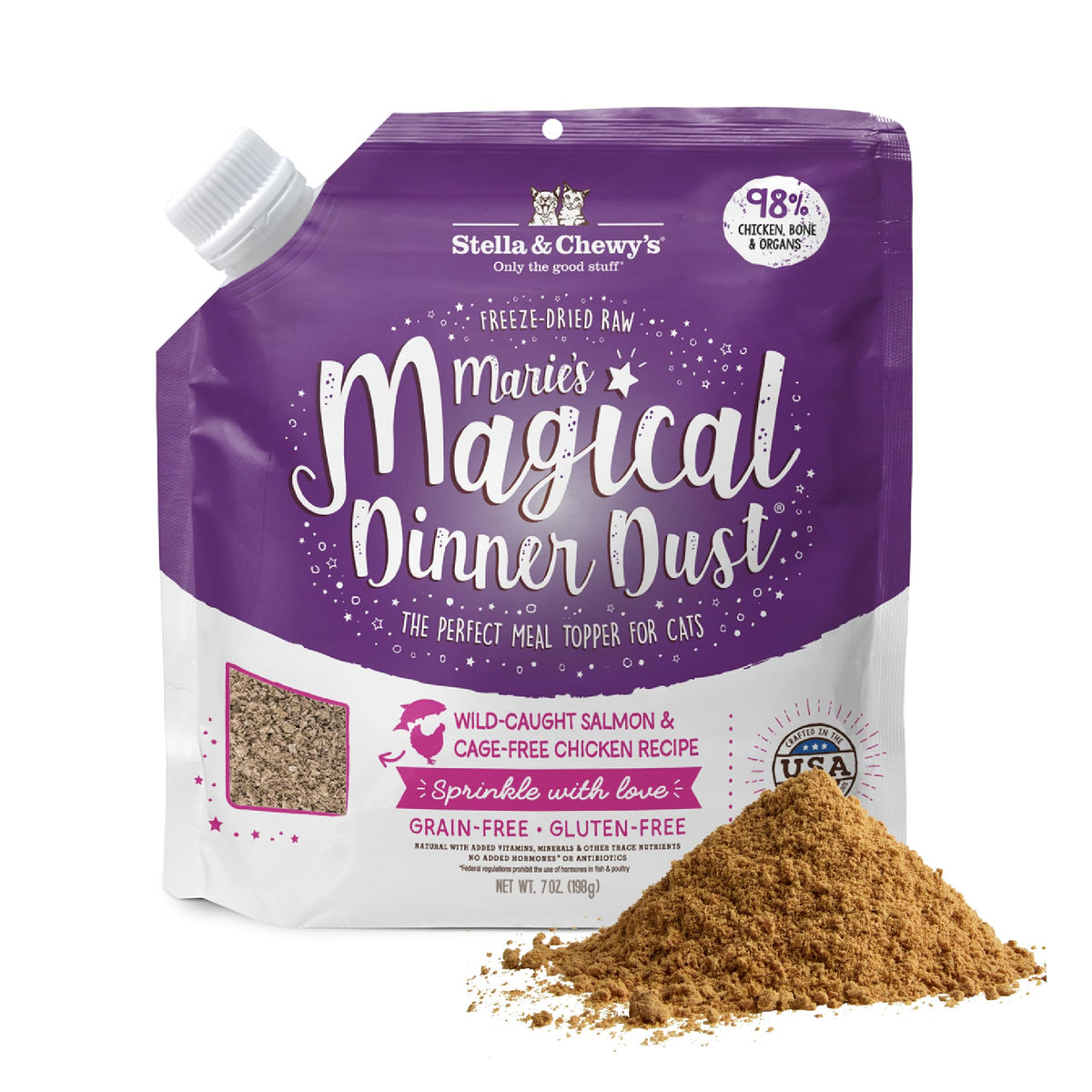 Polvo cena mágica de Stella & Chewy's en empaque práctico para gatos.