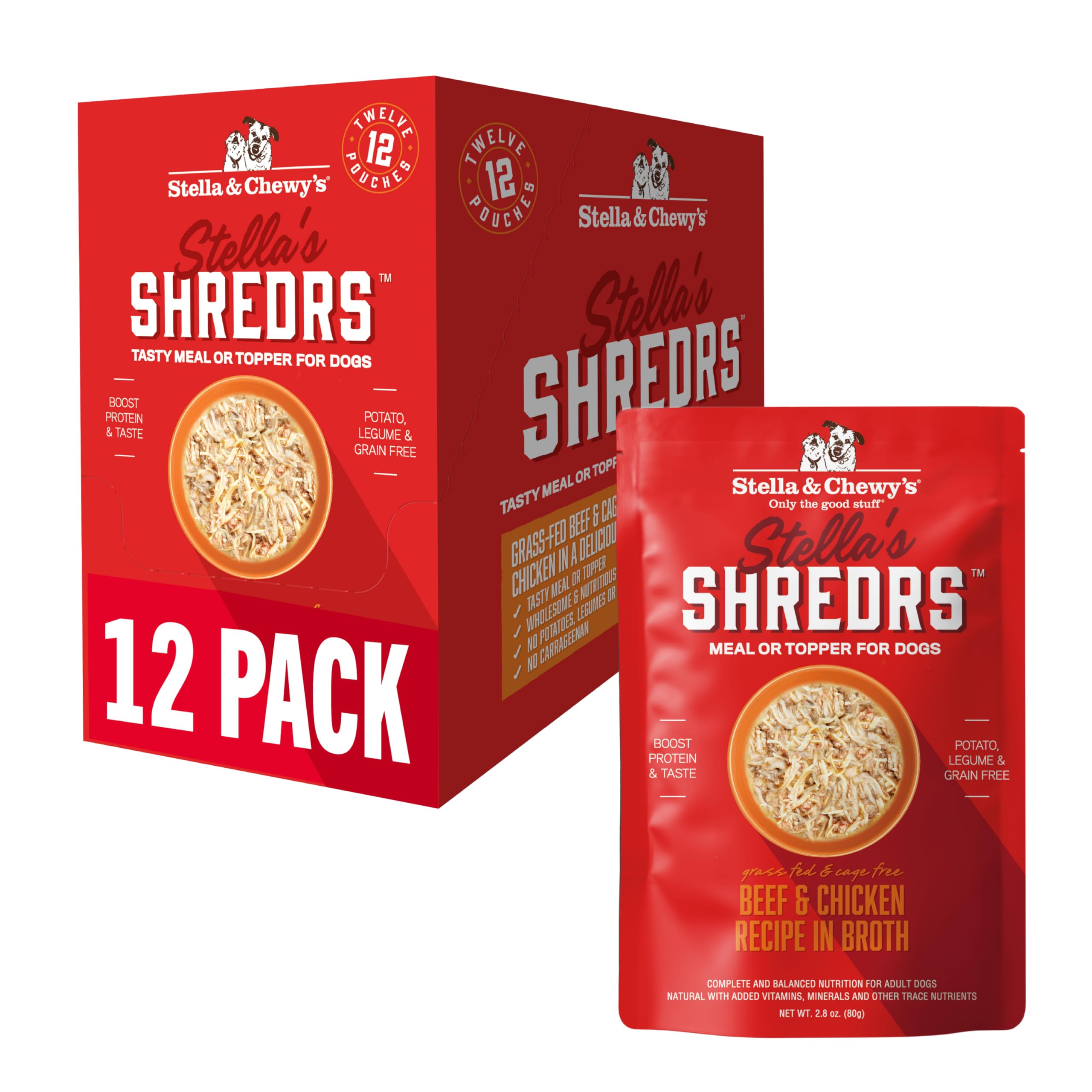Stella & Chewy's Shredrs carne res y pollo en caldo para perros exigentes