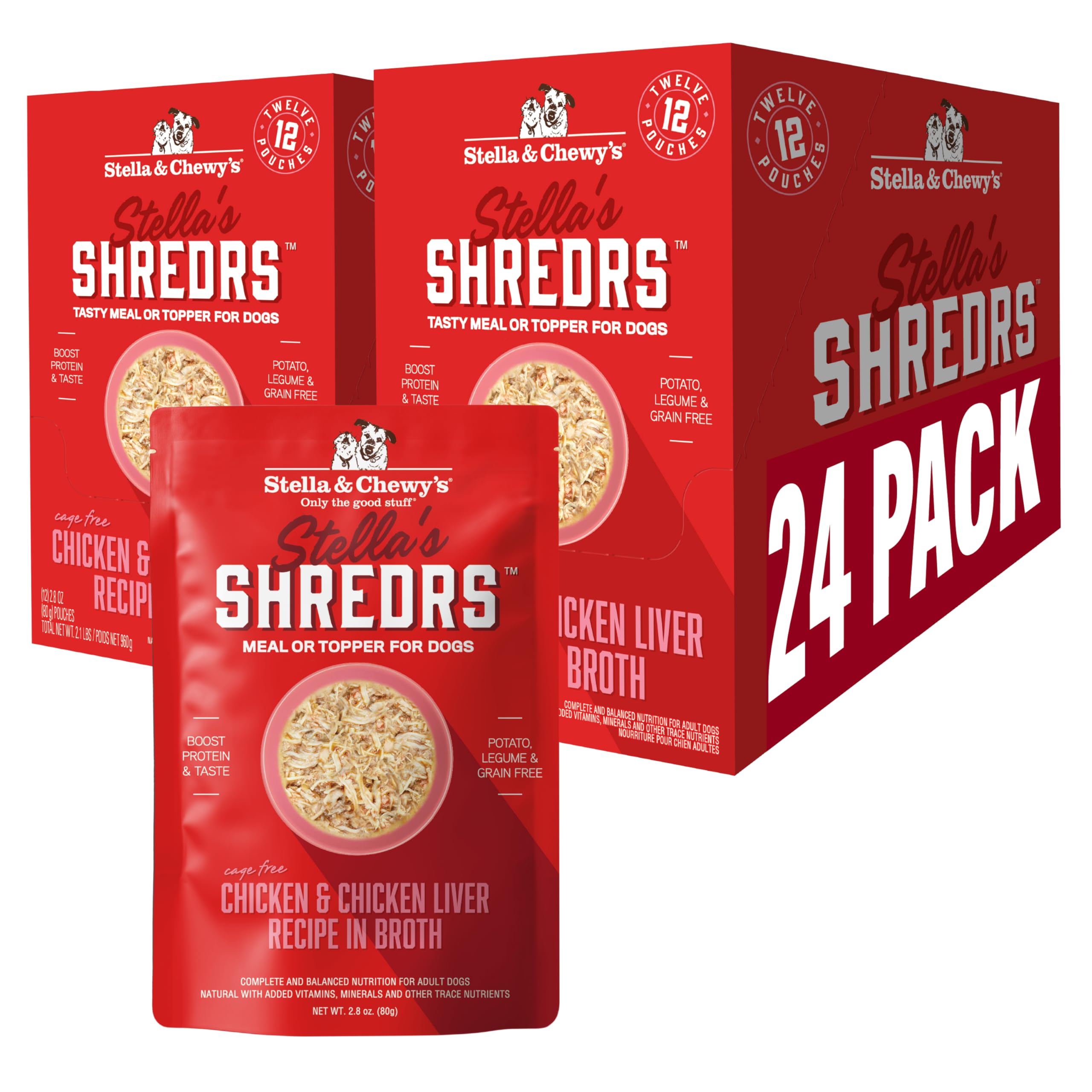 Stella & Chewy's Shredrs pollo libre de jaula, 24 sobres, opción completa para perros exigentes.