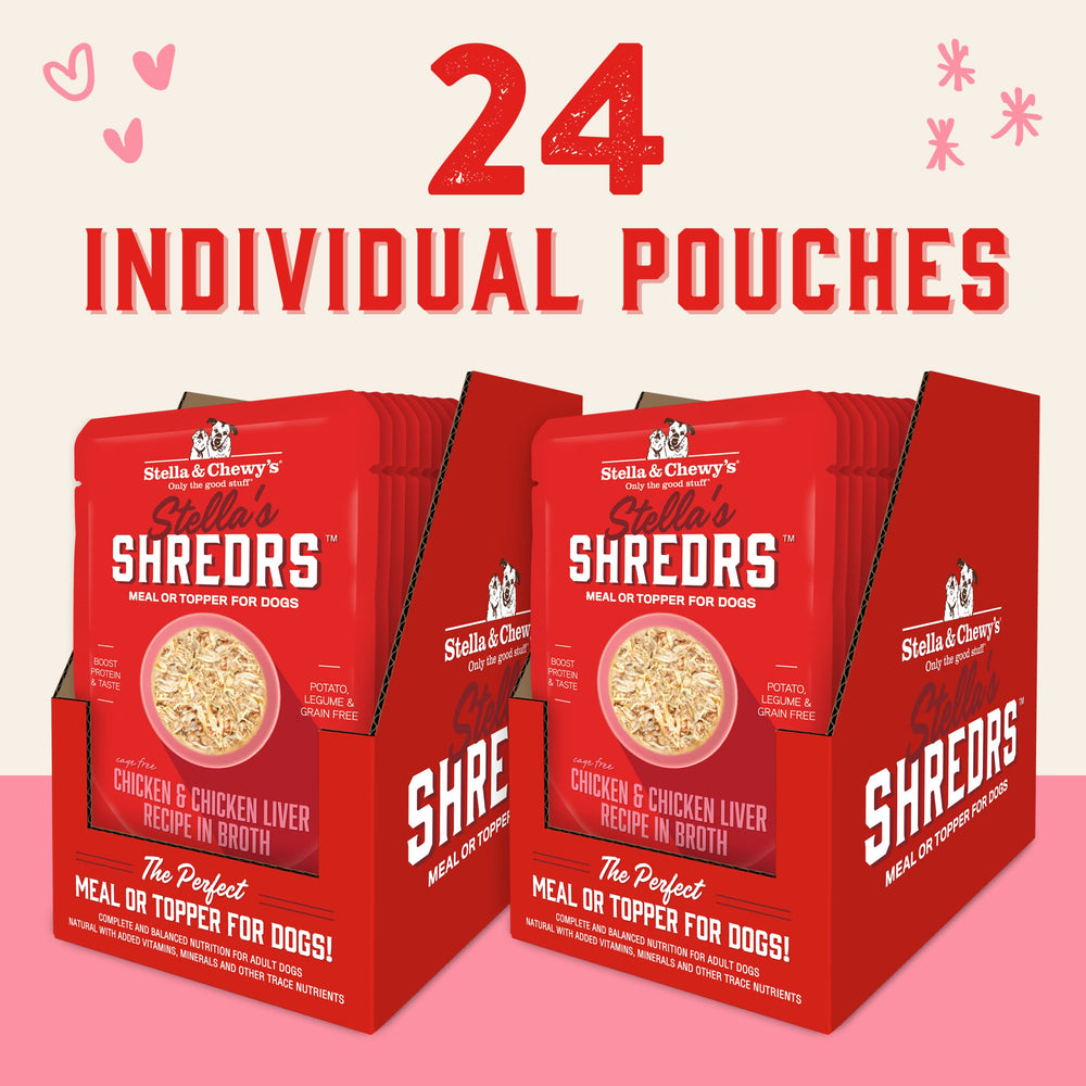Sobres individuales de 2.8 oz de Stella & Chewy's para servir y viajar.
