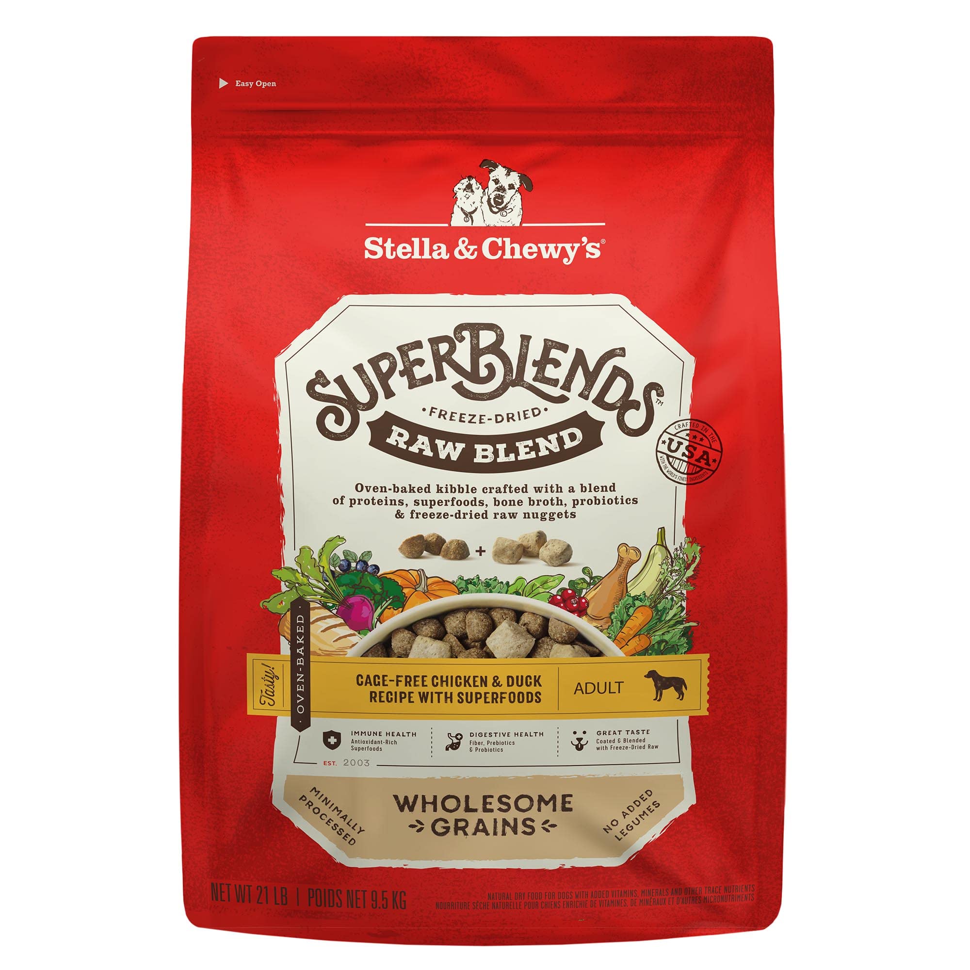 Stella & Chewy's SuperBlends grano crudo recubierto para perros, sabor y nutrición.