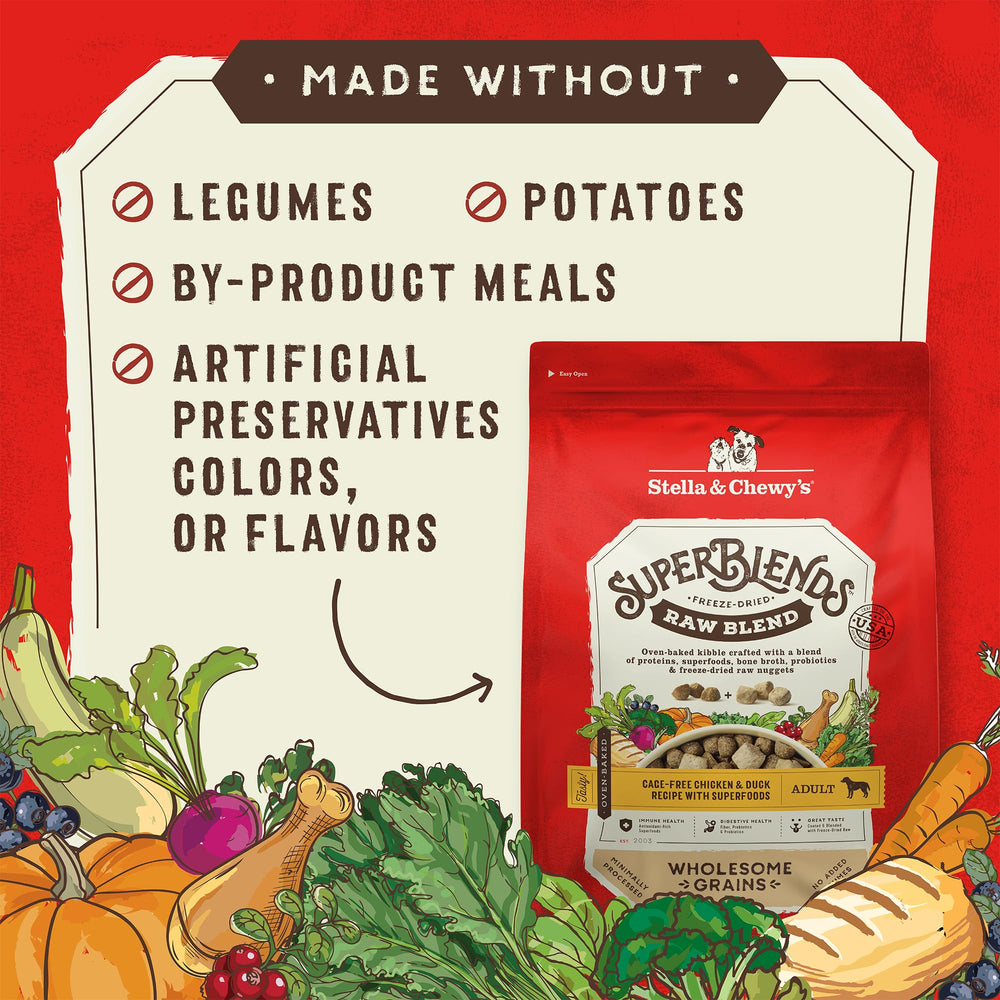 Stella & Chewy's SuperBlends granos sanos con avena y quinoa para energía sostenida.