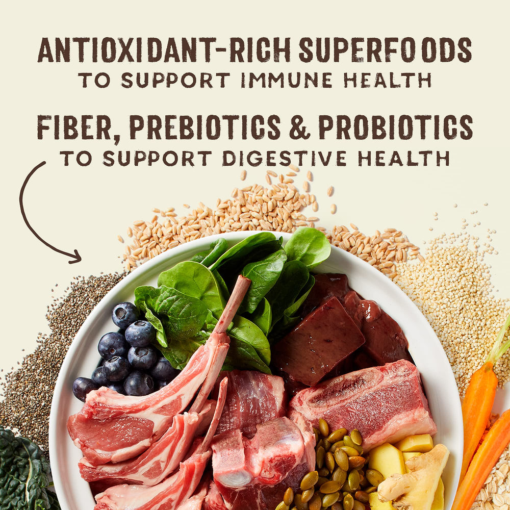 Stella & Chewy's SuperBlends superfoods variados: arándanos, brócoli y espinaca para vitalidad.