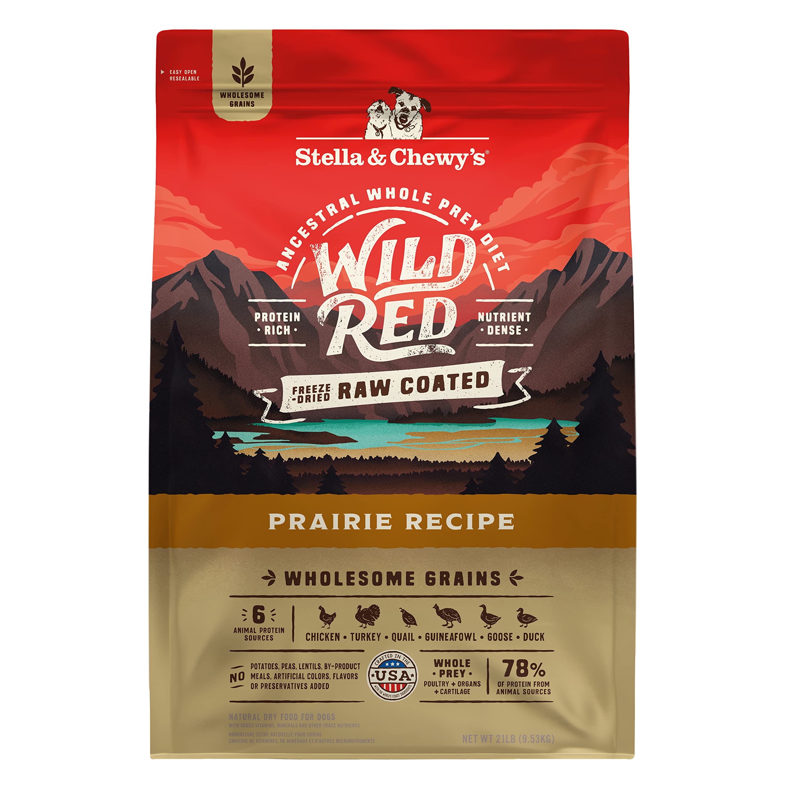 Stella & Chewy's Wild Red, bolsa visible, lista para alimentar con proteína alta.