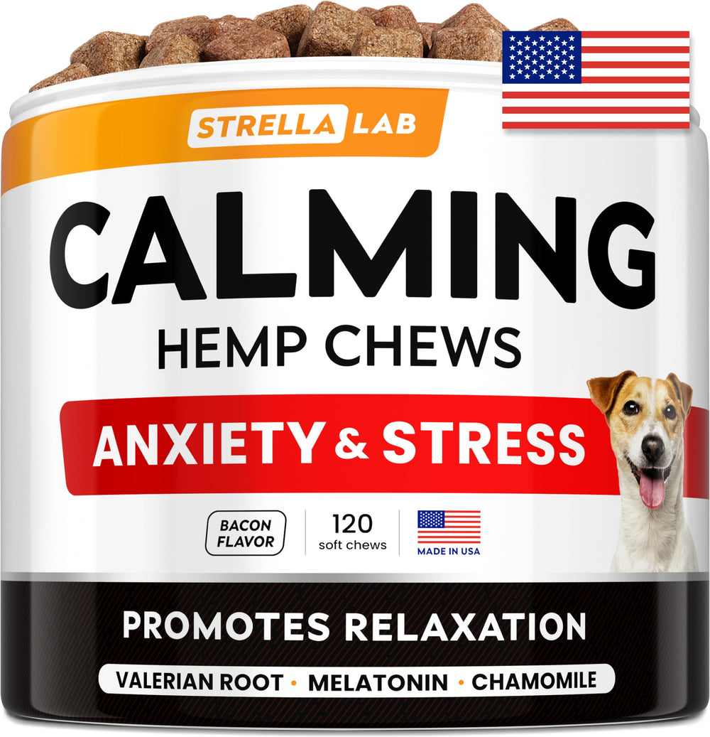 STRELLALAB bocaditos calmantes para perros; relajación natural con cáñamo y melatonina, útiles ante fuegos artificiales