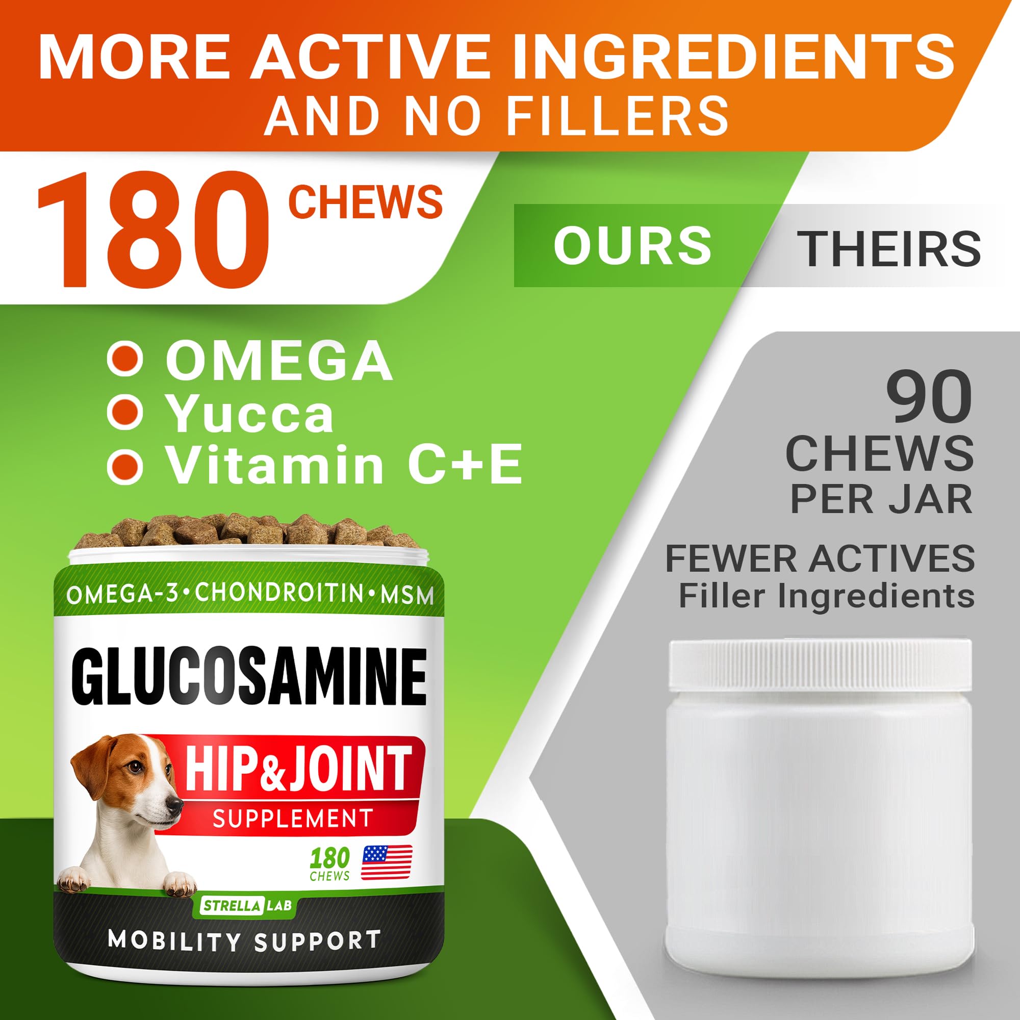 STRELLALAB Glucosamina para perros: fórmula con omega-3 para pelaje y piel saludables.