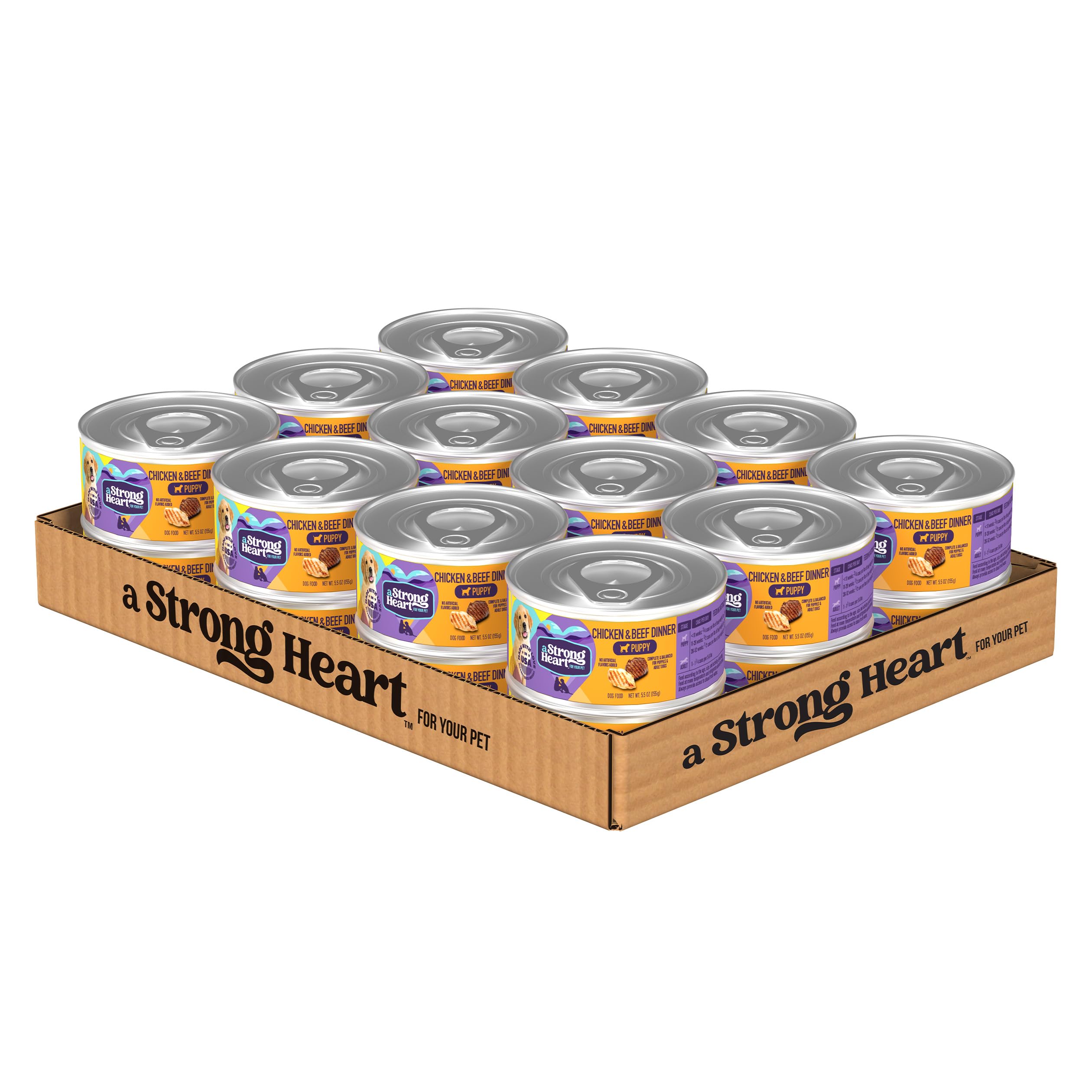 Strongheart comida húmeda para cachorros en paquete de 24 latas para apoyar el crecimiento.