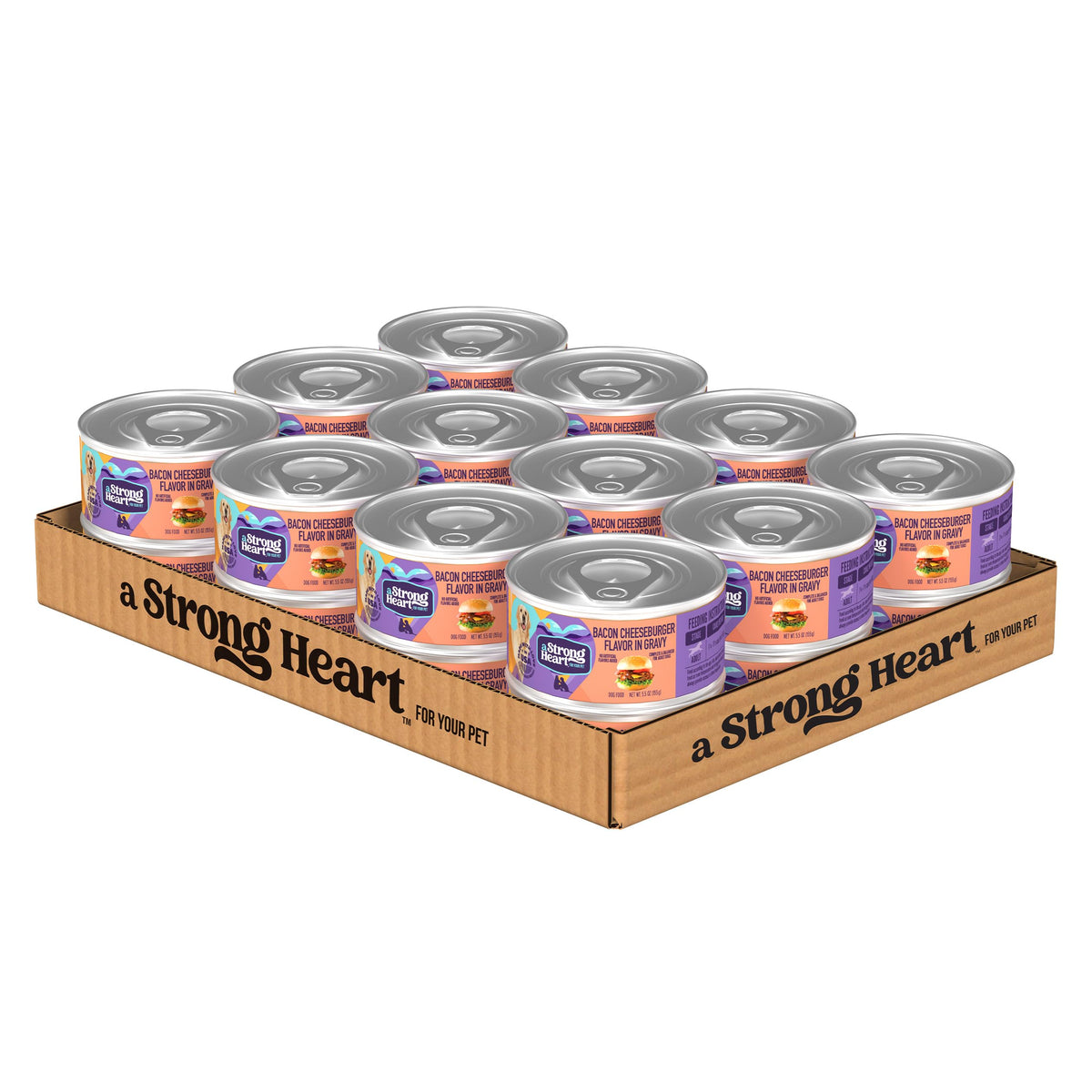 Strongheart lata sabor tocino-hamburguesa con queso, ideal para una comida sabrosa y equilibrada.