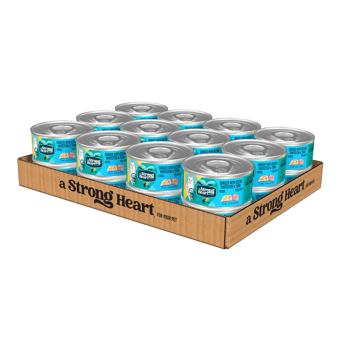 Strongheart, lata húmeda de merluza y atún océano, aporta proteína para gatos activos.